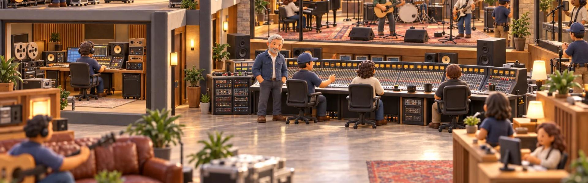 A clay model of a recording studio complex in Nashville, with the owner looking over the operation.