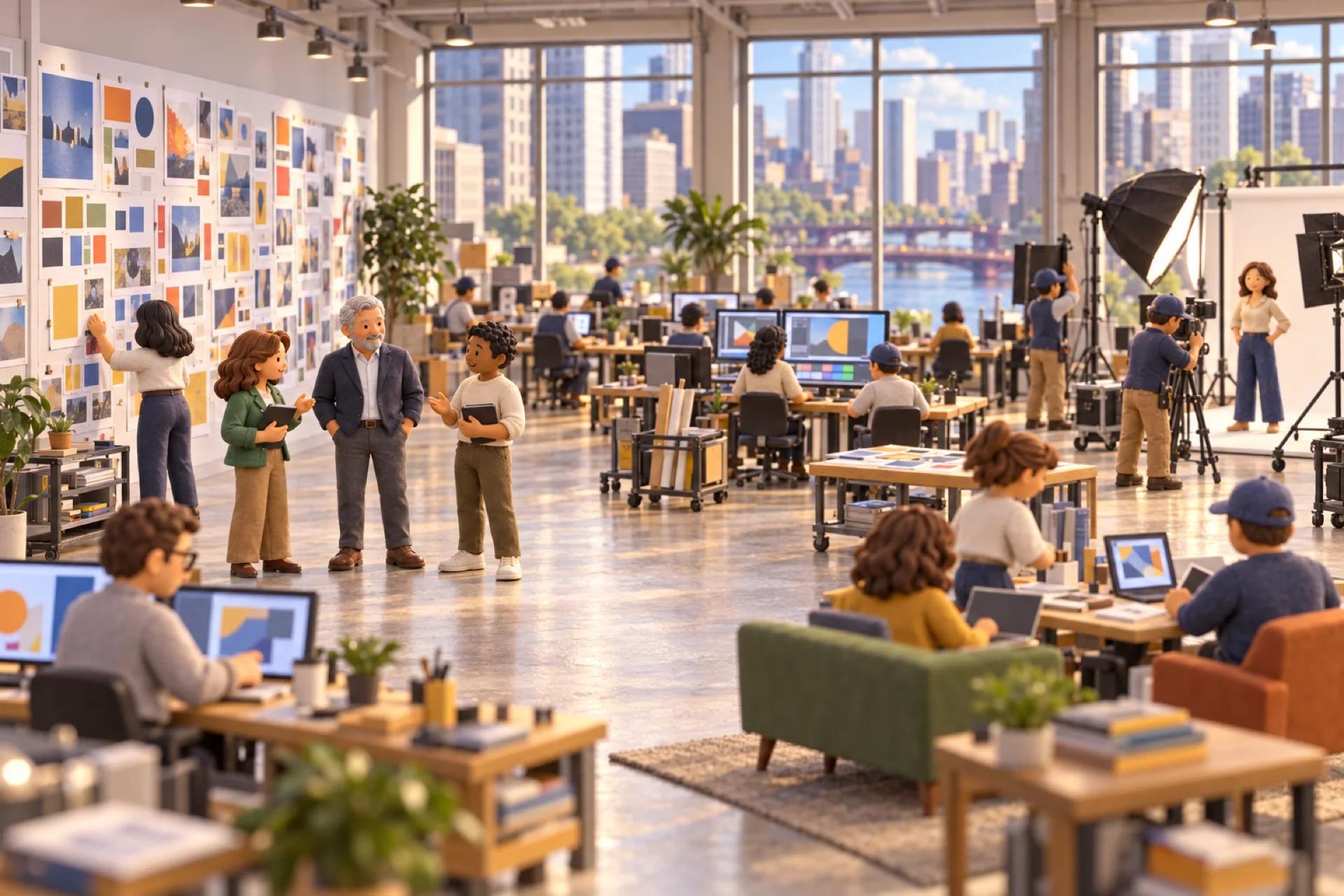 A clay model of an advertising agency on a high floor in a Chicago loop building, with the owner looking over the operation.