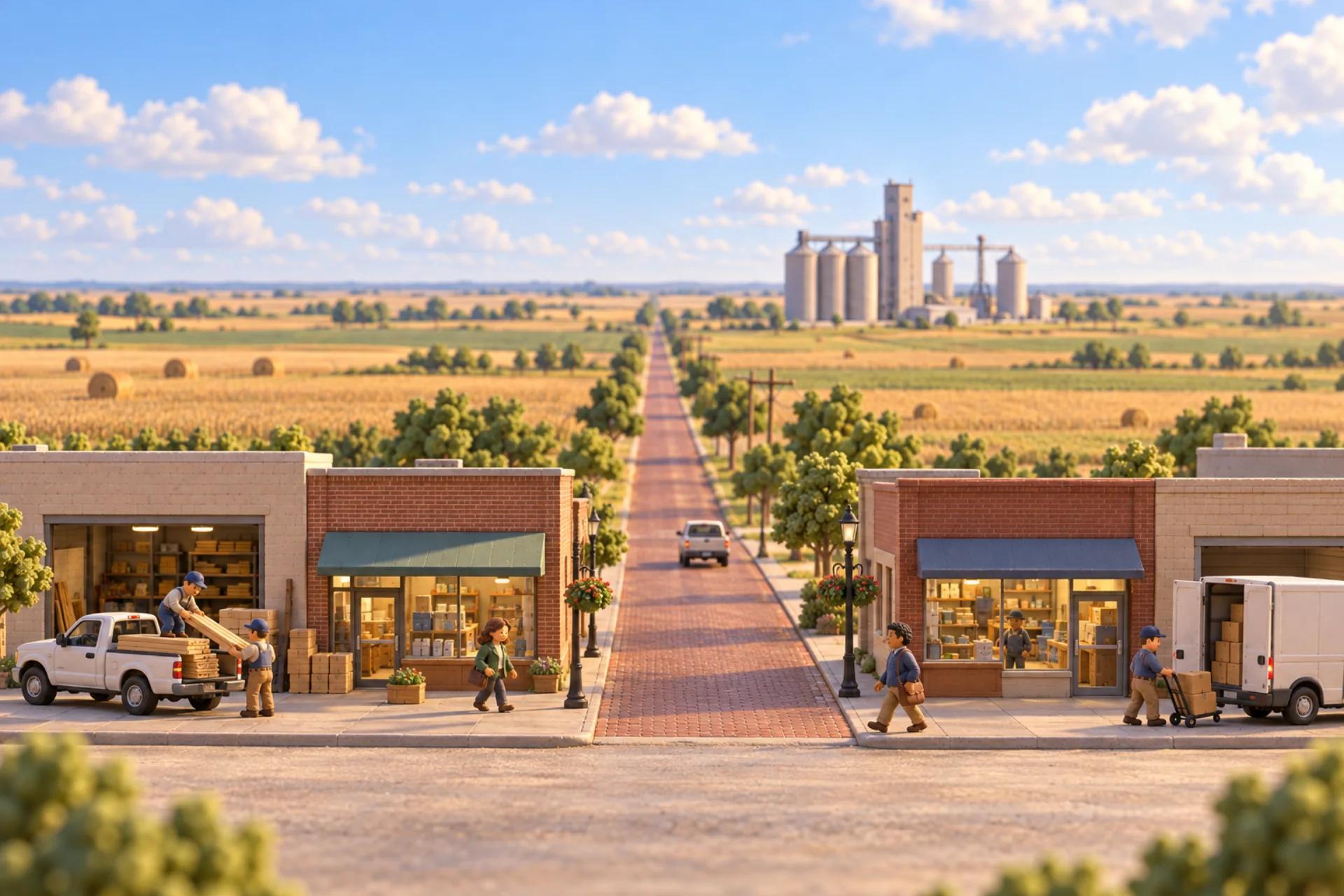 A clay model of Nebraska: a brick street with endless prairie and grain elevators behind, with a small strip of working businesses in front.