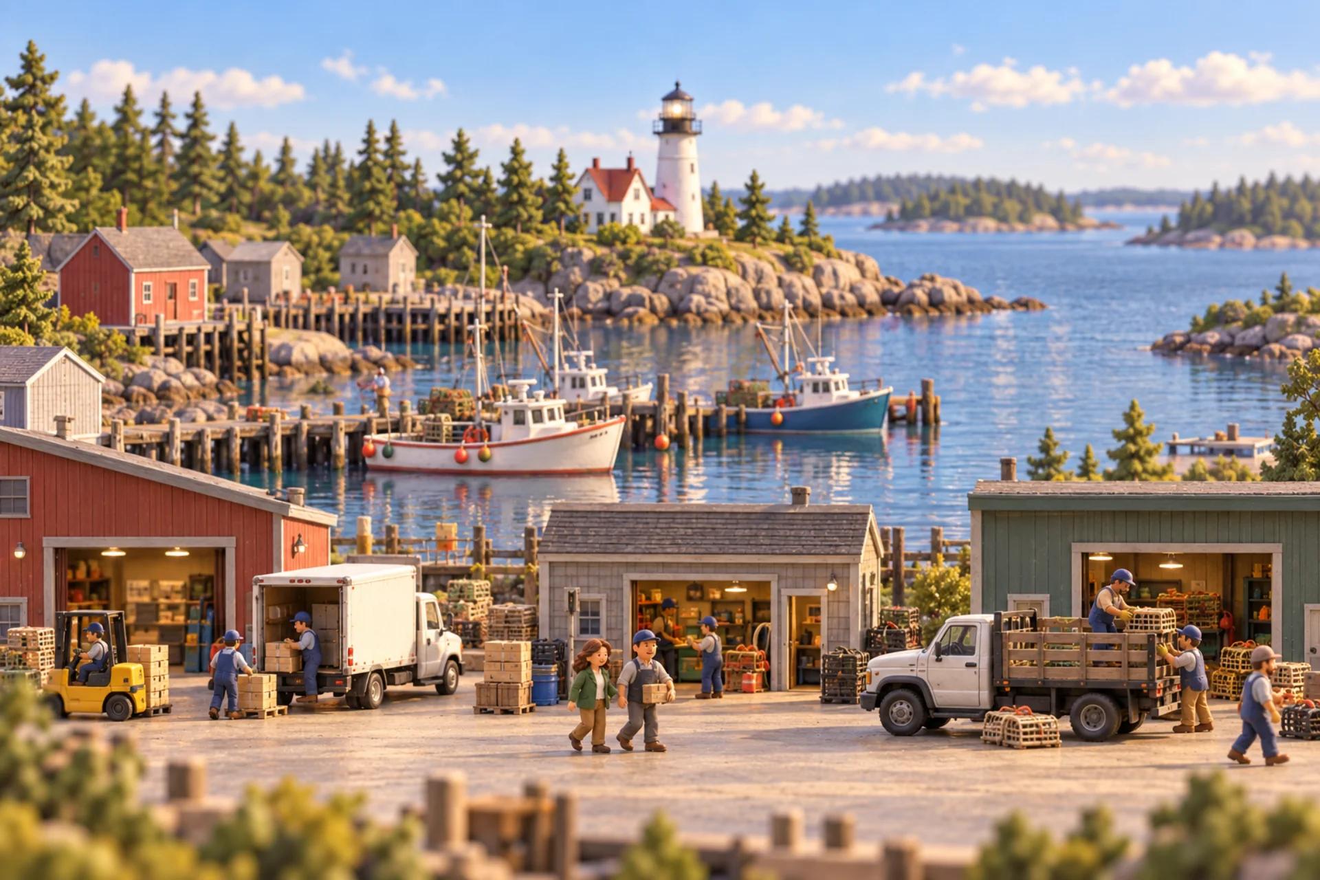A clay model of Maine: a harbor street with lobster boats, a lighthouse and pines behind, with a small strip of working businesses in front.