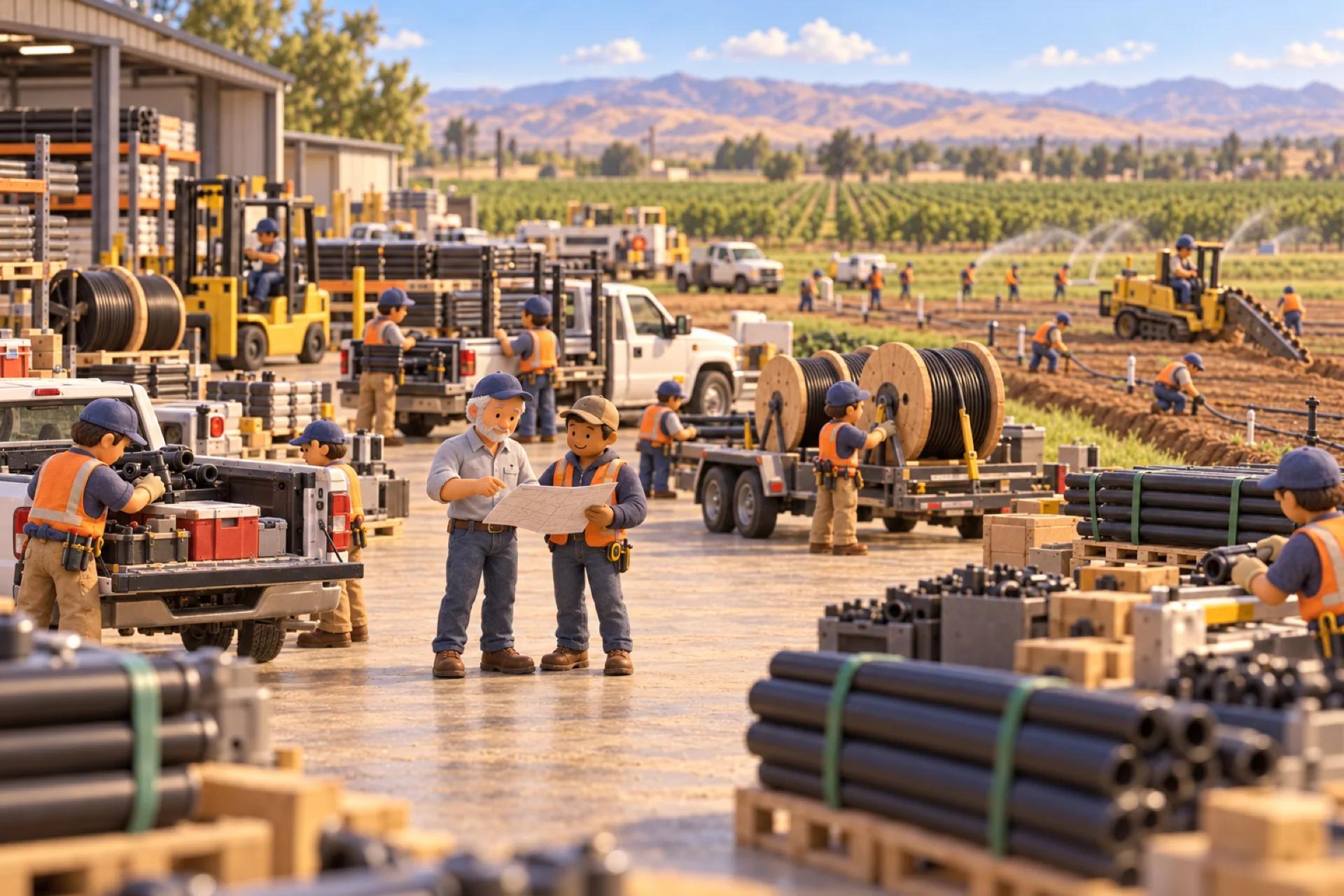 A clay model of an irrigation contractor in California's Central Valley, with the owner looking over the operation.