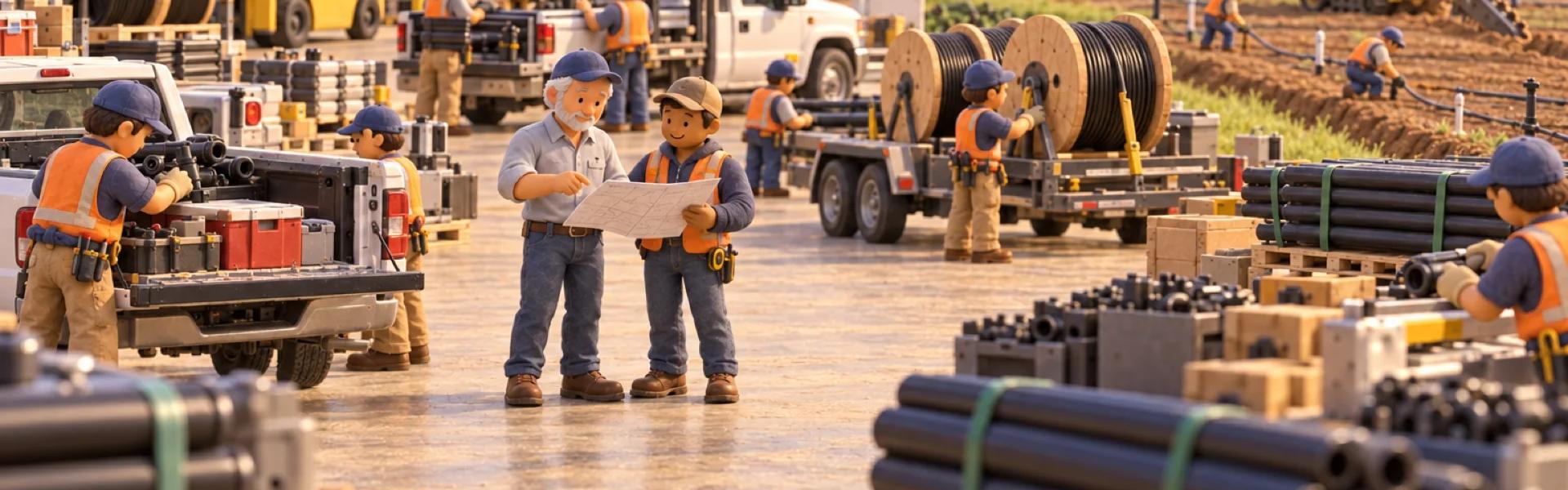 A clay model of an irrigation contractor in California's Central Valley, with the owner looking over the operation.
