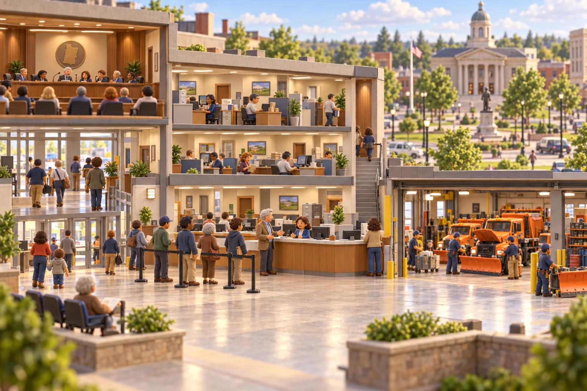 A clay model of a county government services building in a Midwestern county seat, cutaway, with the owner looking over the operation.