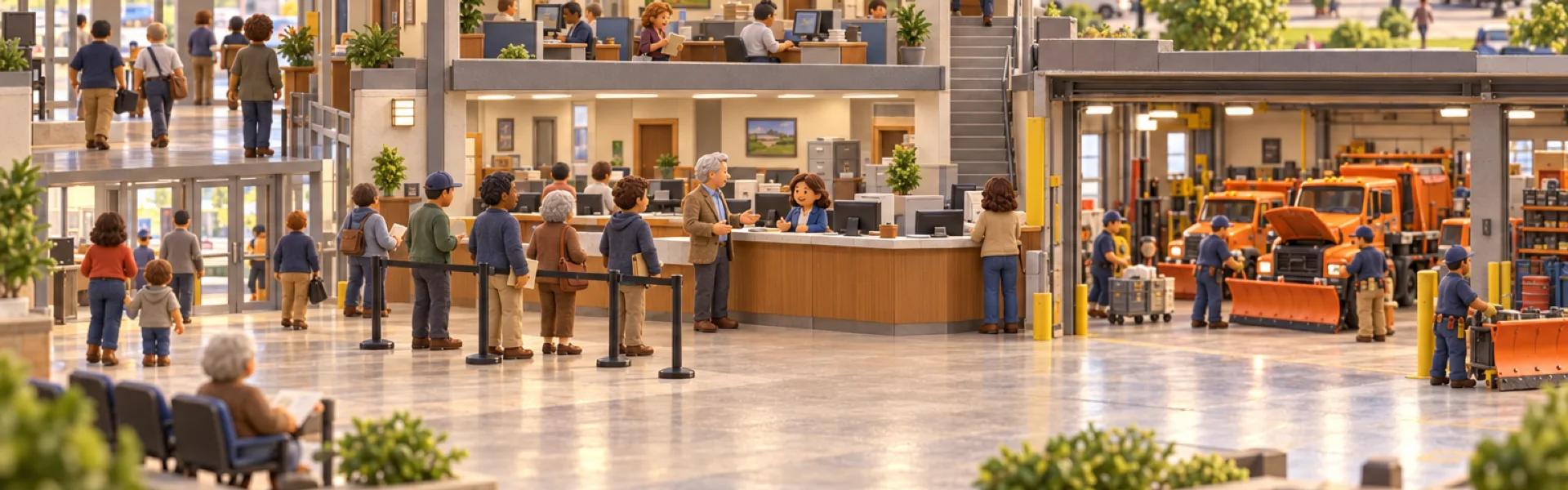 A clay model of a county government services building in a Midwestern county seat, cutaway, with the owner looking over the operation.