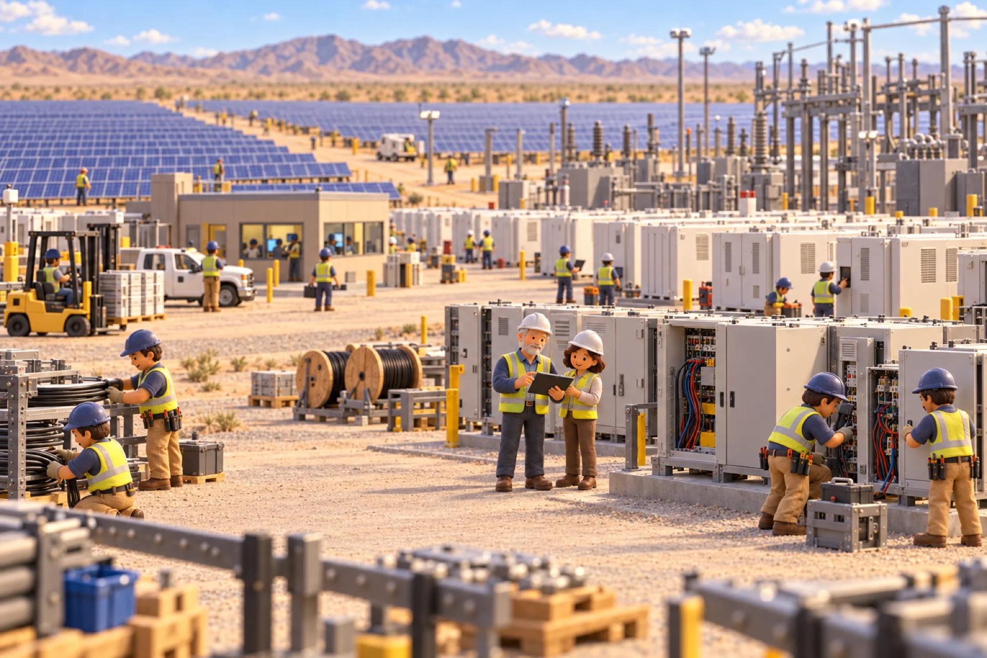 A clay model of a solar and battery power plant in the California desert, with the owner looking over the operation.