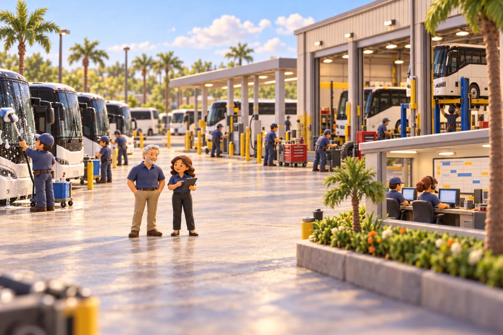 A clay model of a charter bus and shuttle company's depot in Orlando, with the owner looking over the operation.