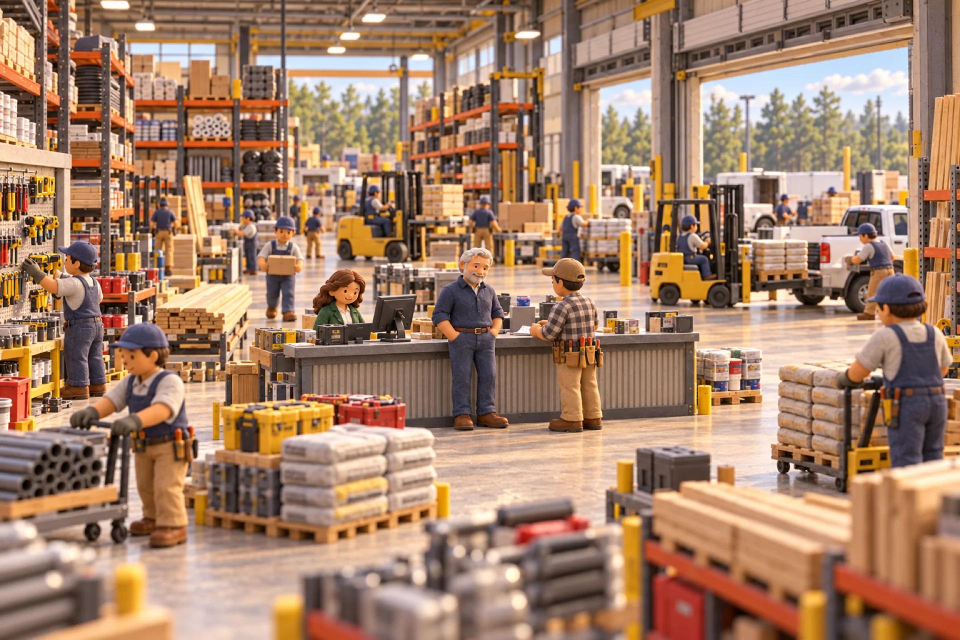 A clay model of a large contractor supply and commercial goods store in Georgia, cutaway, with the owner looking over the operation.