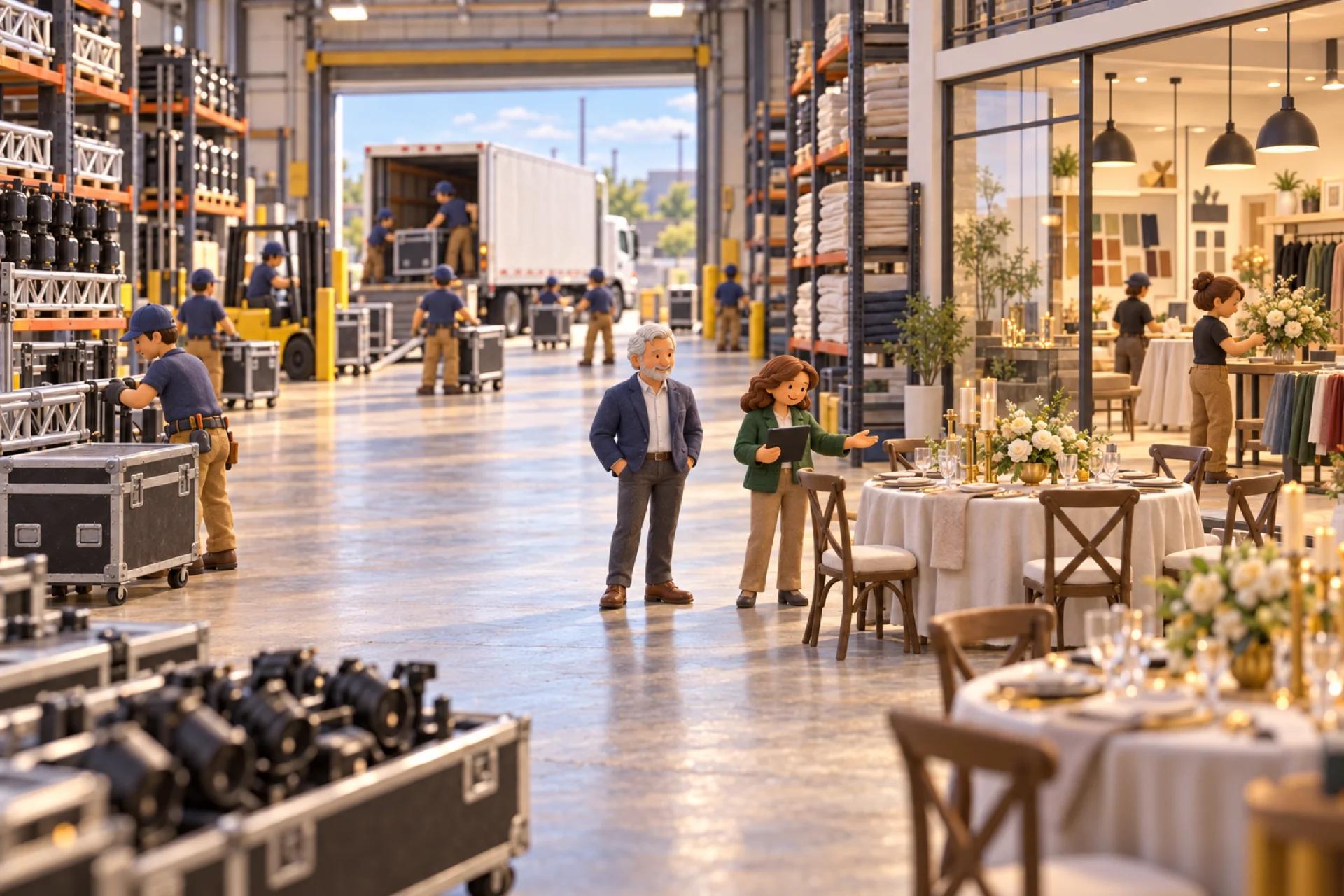 A clay model of an event production company's warehouse and showroom in Dallas, with the owner looking over the operation.