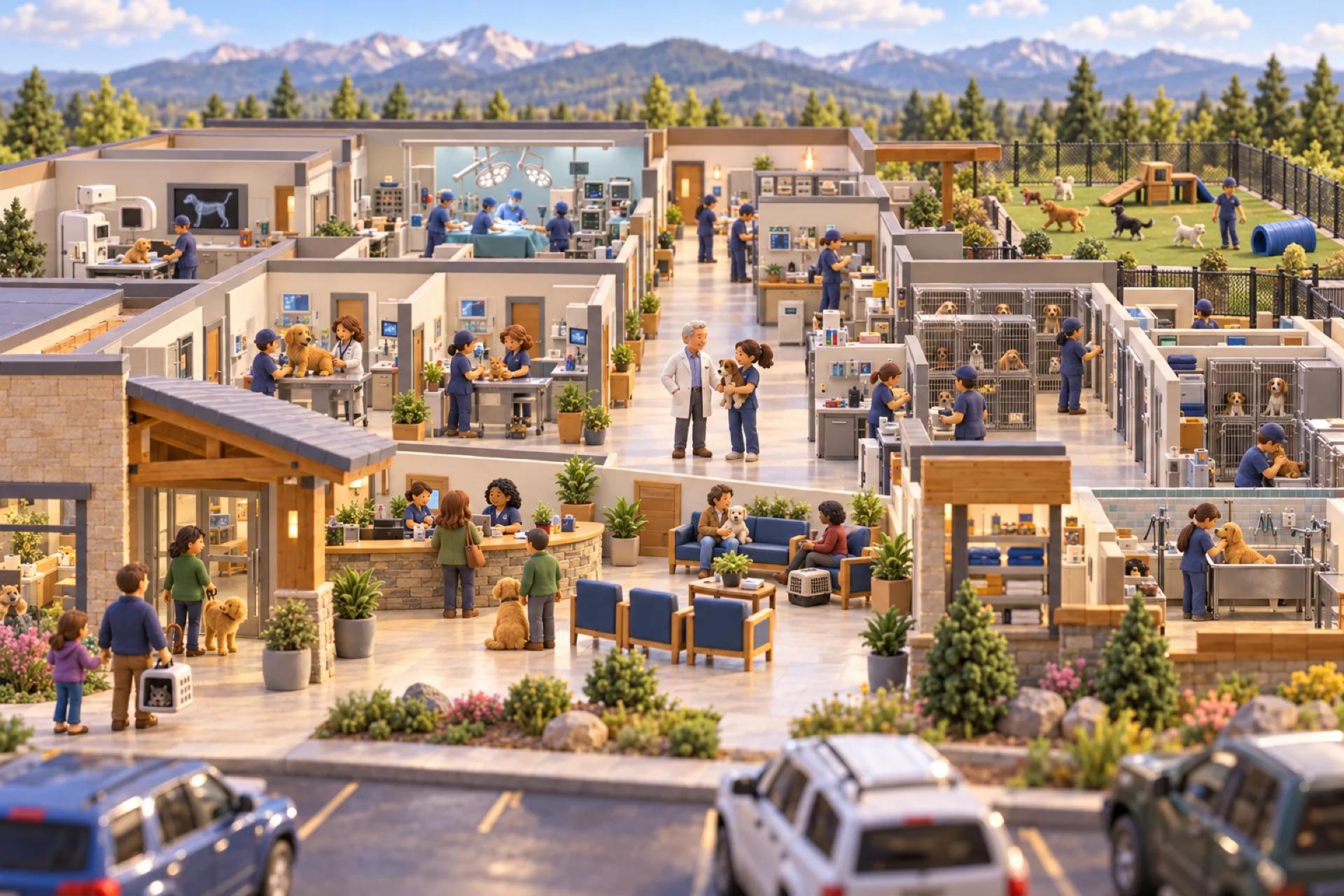 A clay model of a veterinary hospital and boarding facility in Colorado, cutaway, with the owner looking over the operation.