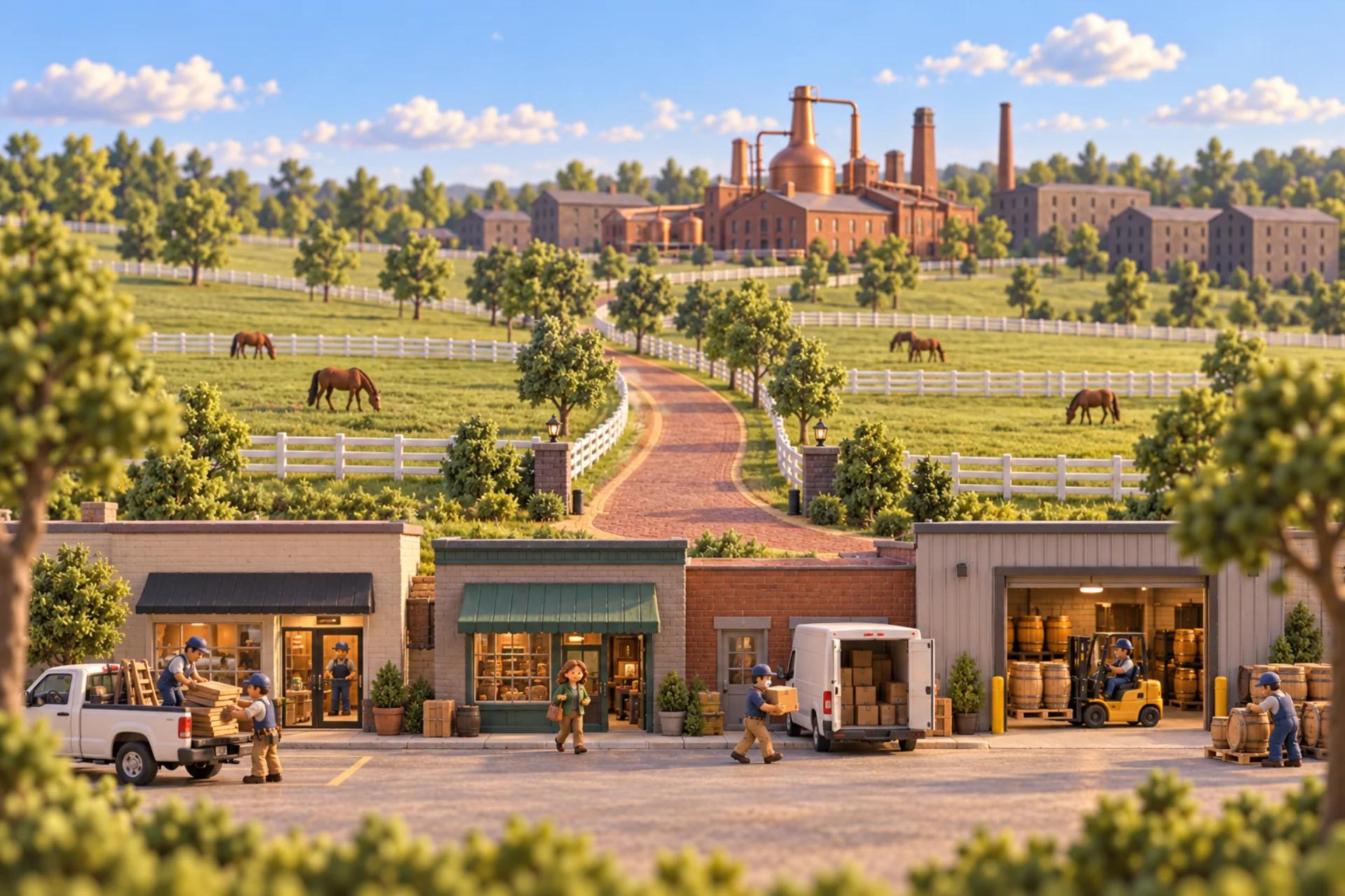 A clay model of Kentucky: a brick street with white-fenced horse pastures and a distillery behind, with a small strip of working businesses in front.