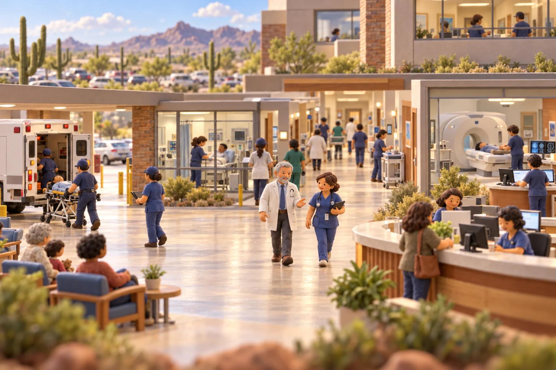 A clay model of a community medical center in Arizona, cutaway, with the owner looking over the operation.