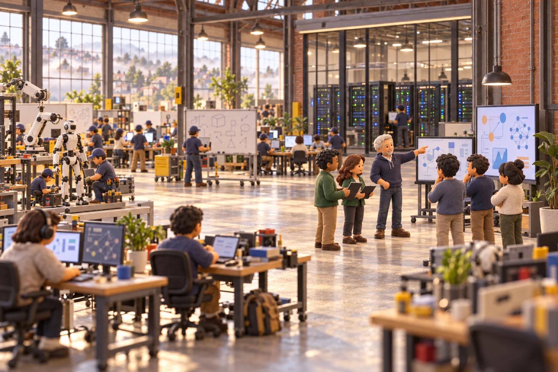 A clay model of an AI company in a renovated San Francisco brick warehouse, with the owner looking over the operation.