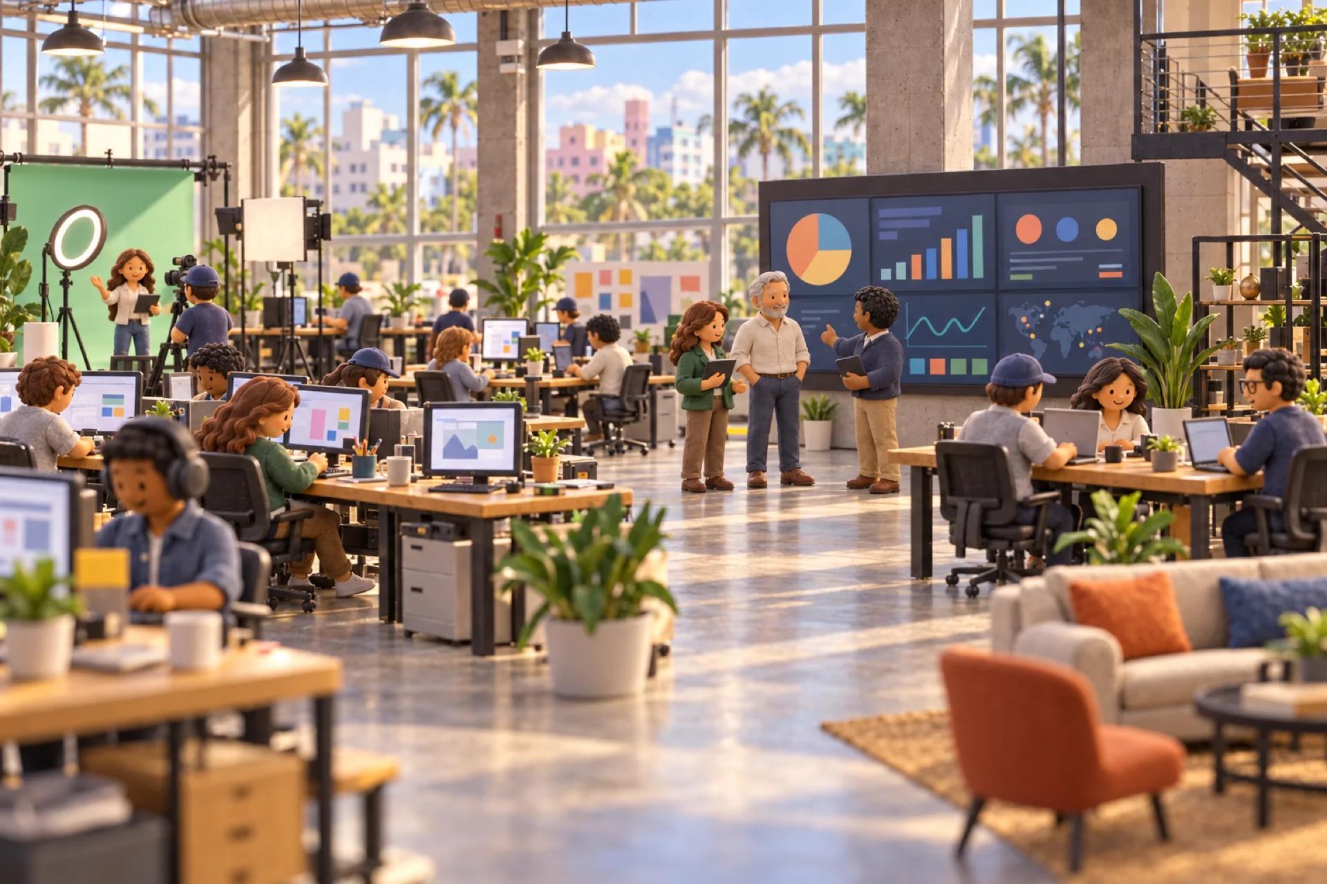 A clay model of a digital marketing agency in a Miami creative loft, with the owner looking over the operation.