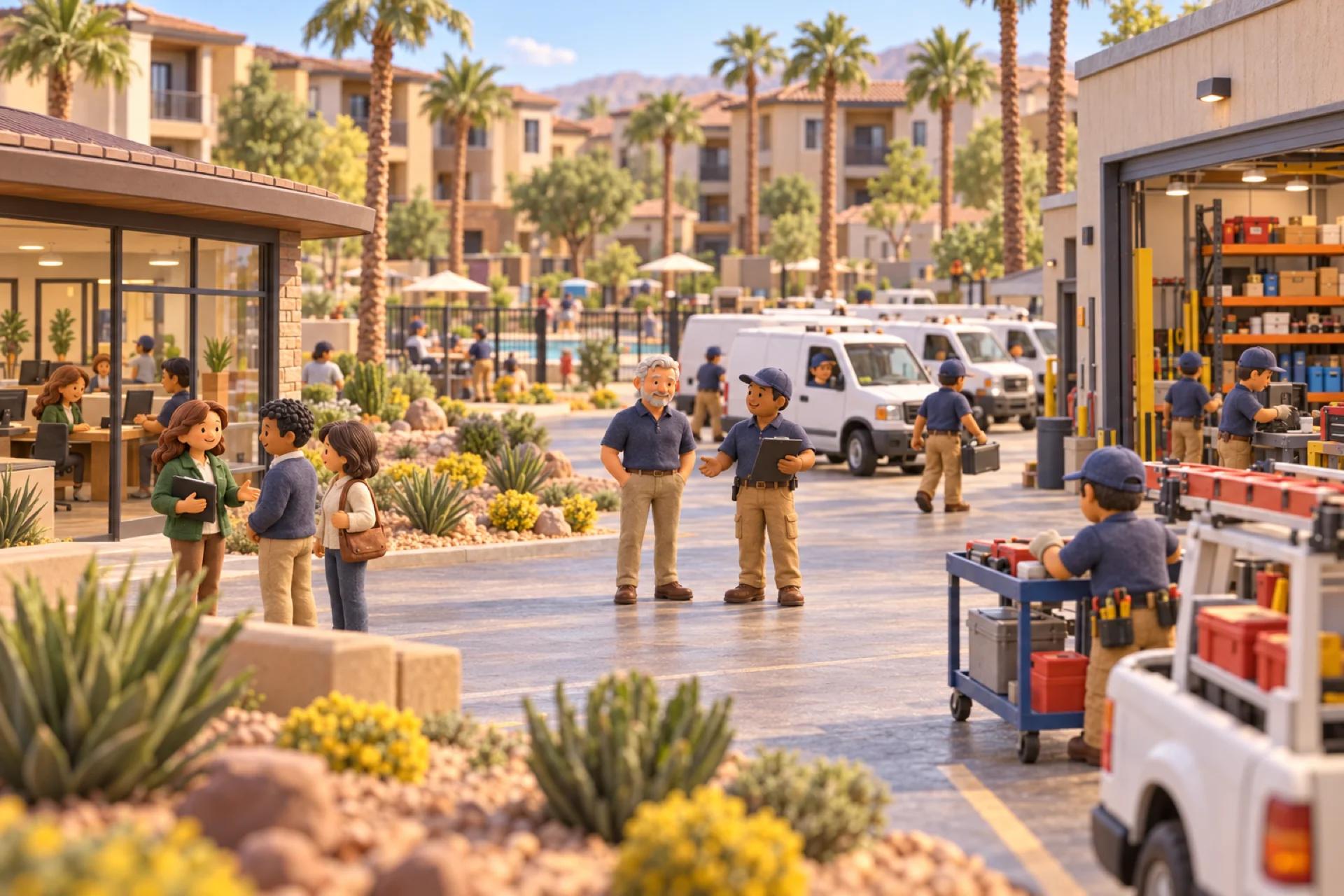 A clay model of a property management company's office and maintenance yard in Phoenix, with the owner looking over the operation.
