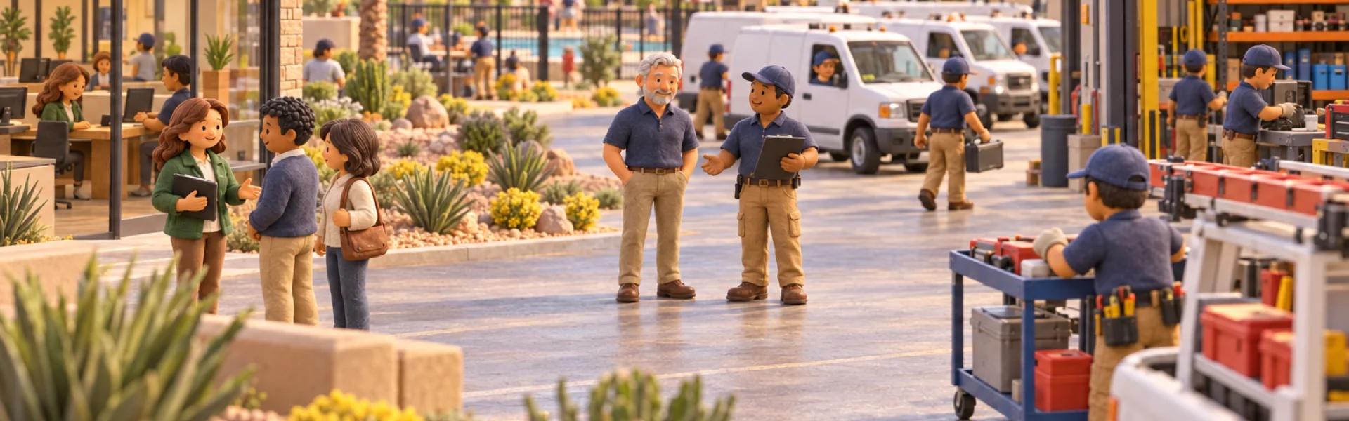 A clay model of a property management company's office and maintenance yard in Phoenix, with the owner looking over the operation.