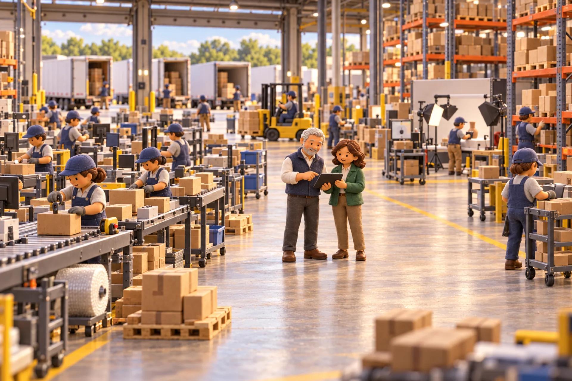 A clay model of an ecommerce company's fulfillment warehouse in Ohio, with the owner looking over the operation.