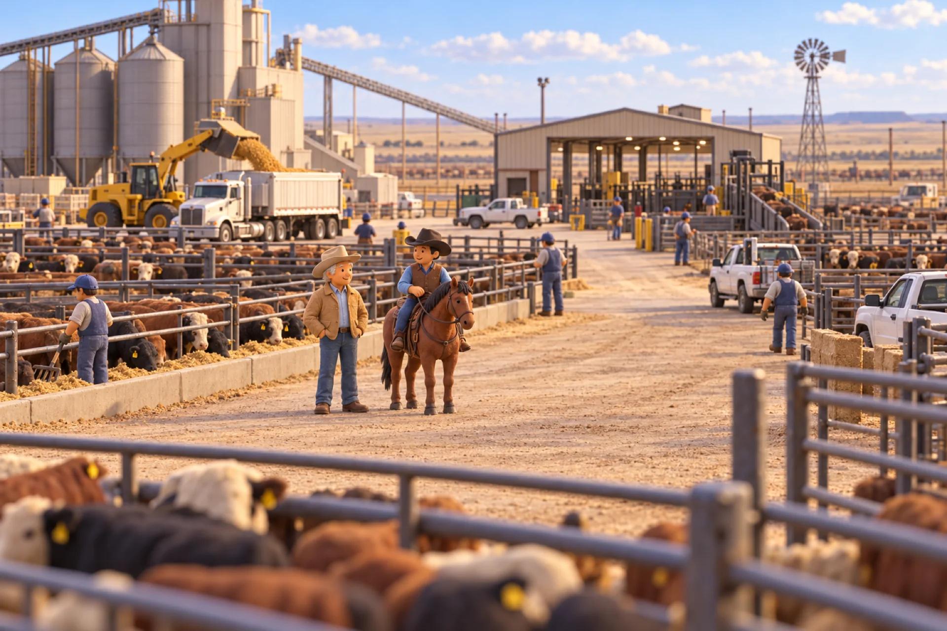 A clay model of a large cattle operation in the Texas panhandle, with the owner looking over the operation.