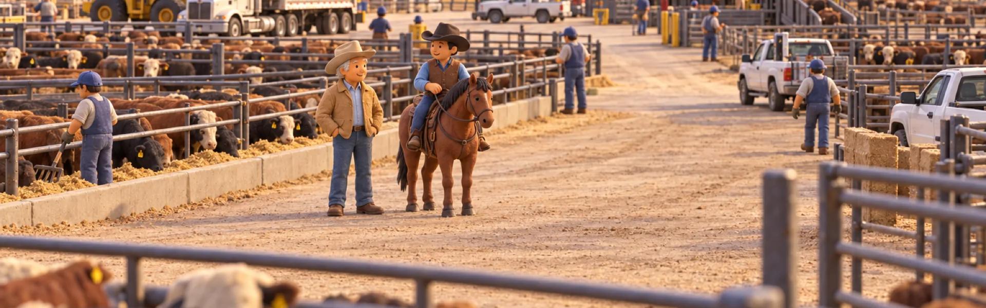 A clay model of a large cattle operation in the Texas panhandle, with the owner looking over the operation.