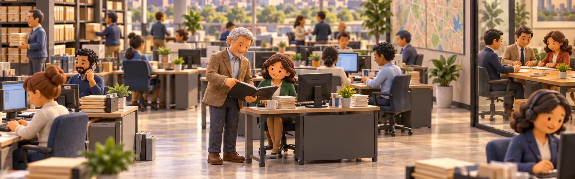A clay model of a commercial lending company in a Dallas office, with the owner looking over the operation.
