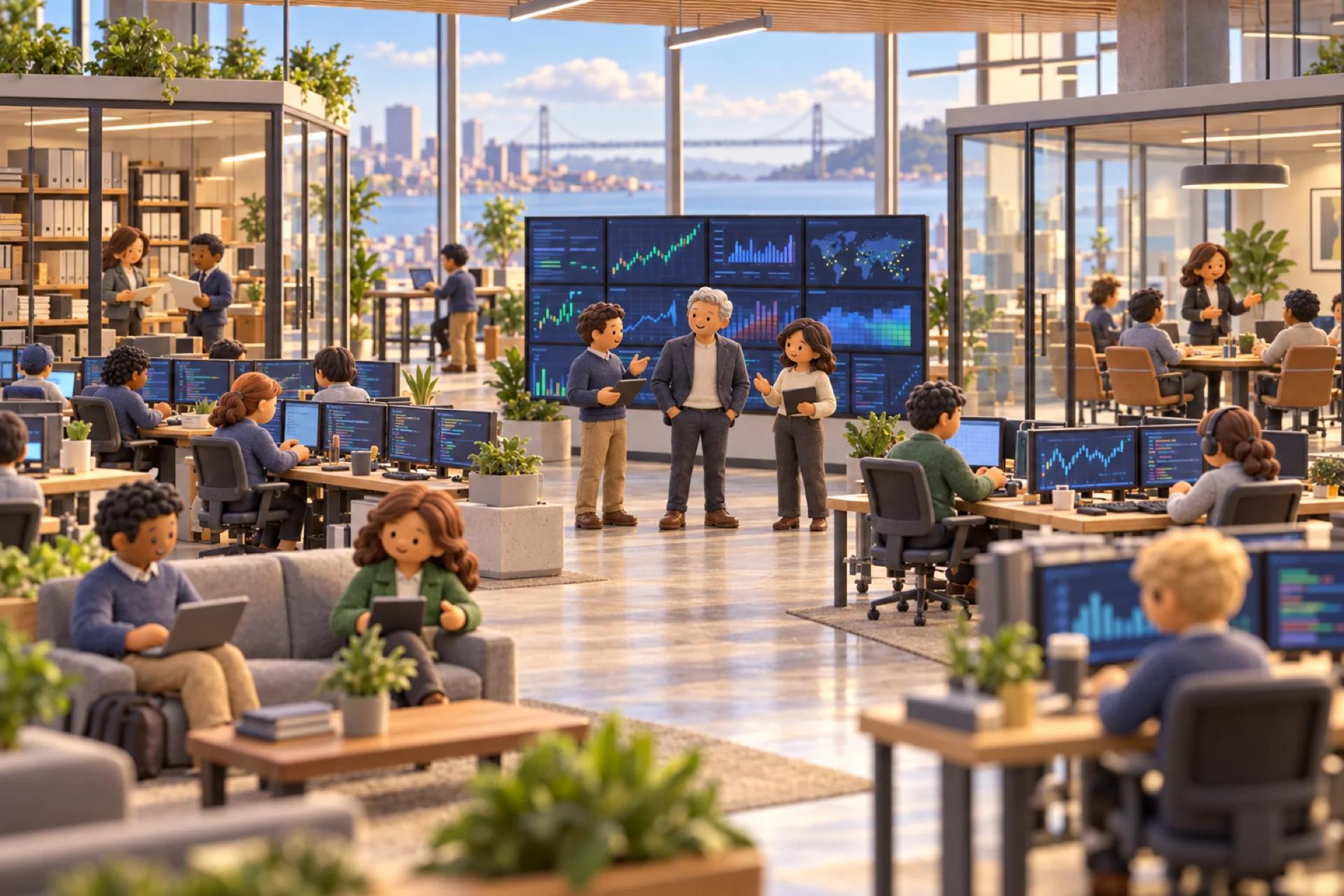 A clay model of a fintech company in a San Francisco office tower, with the owner looking over the operation.