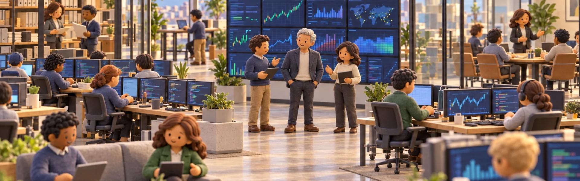 A clay model of a fintech company in a San Francisco office tower, with the owner looking over the operation.