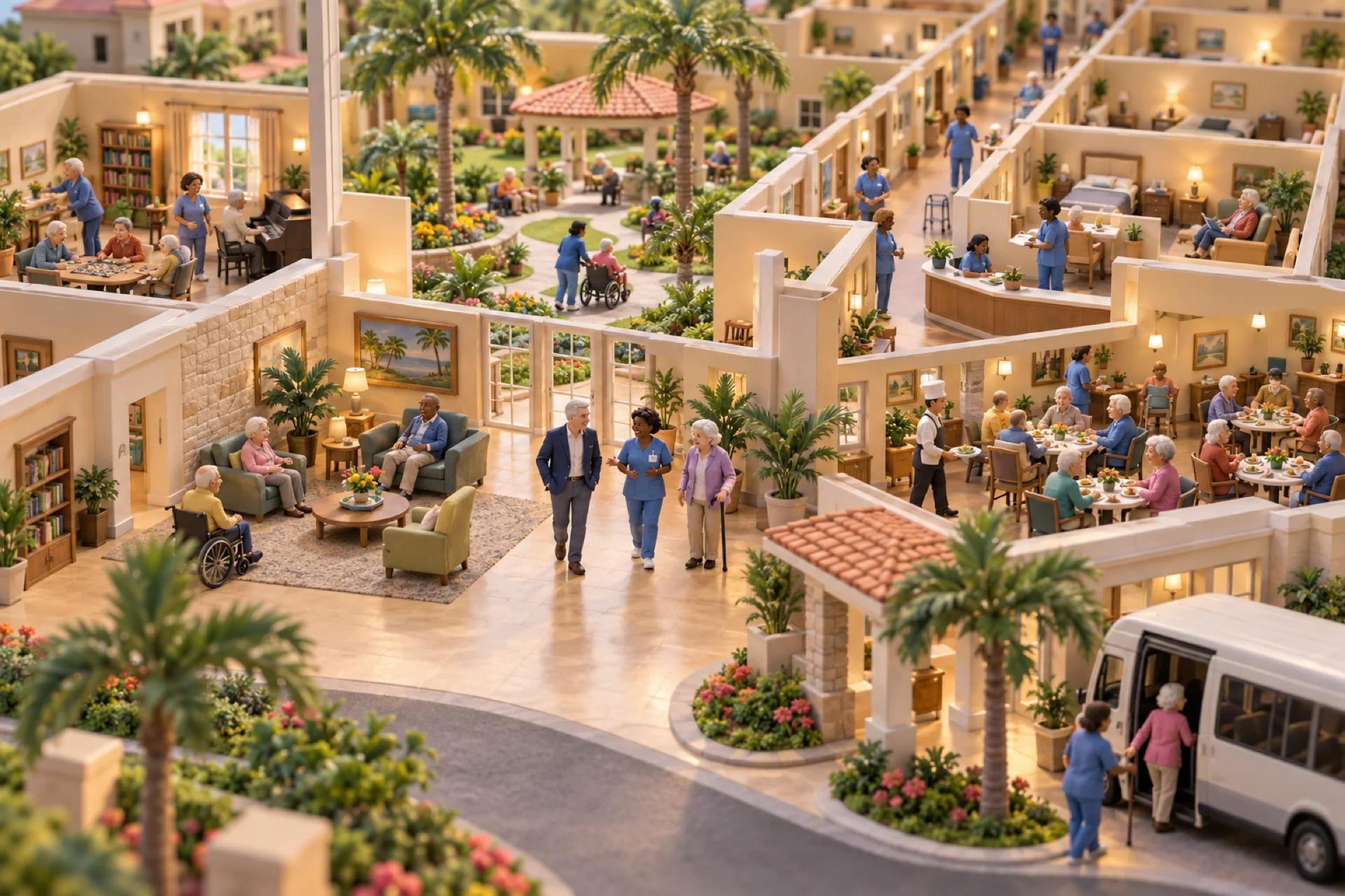 A clay model of an assisted living residence in Florida, cutaway, with the owner looking over the operation.
