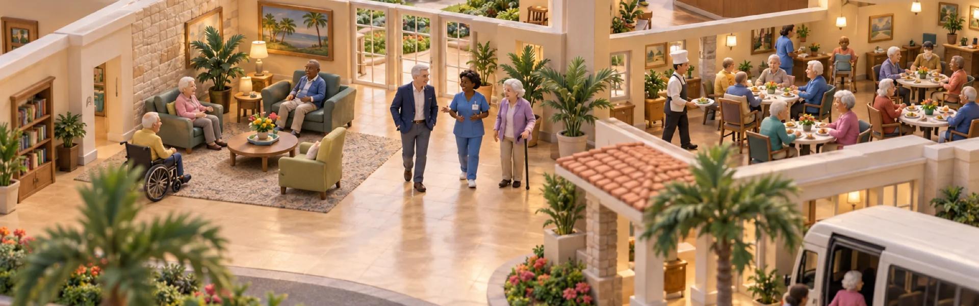 A clay model of an assisted living residence in Florida, cutaway, with the owner looking over the operation.
