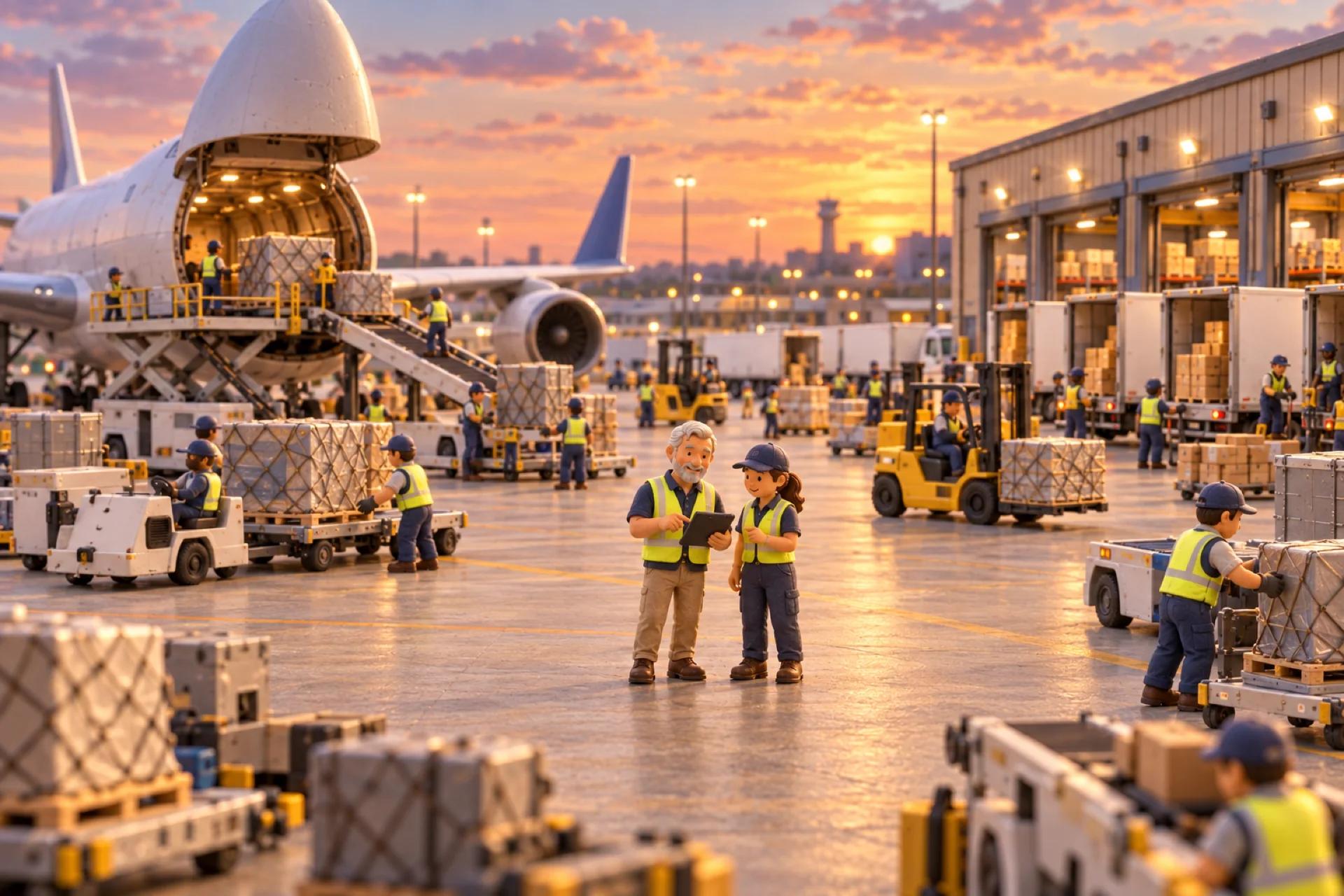 A clay model of an air and ground cargo operation at a Memphis-style freight hub at dusk, with the owner looking over the operation.