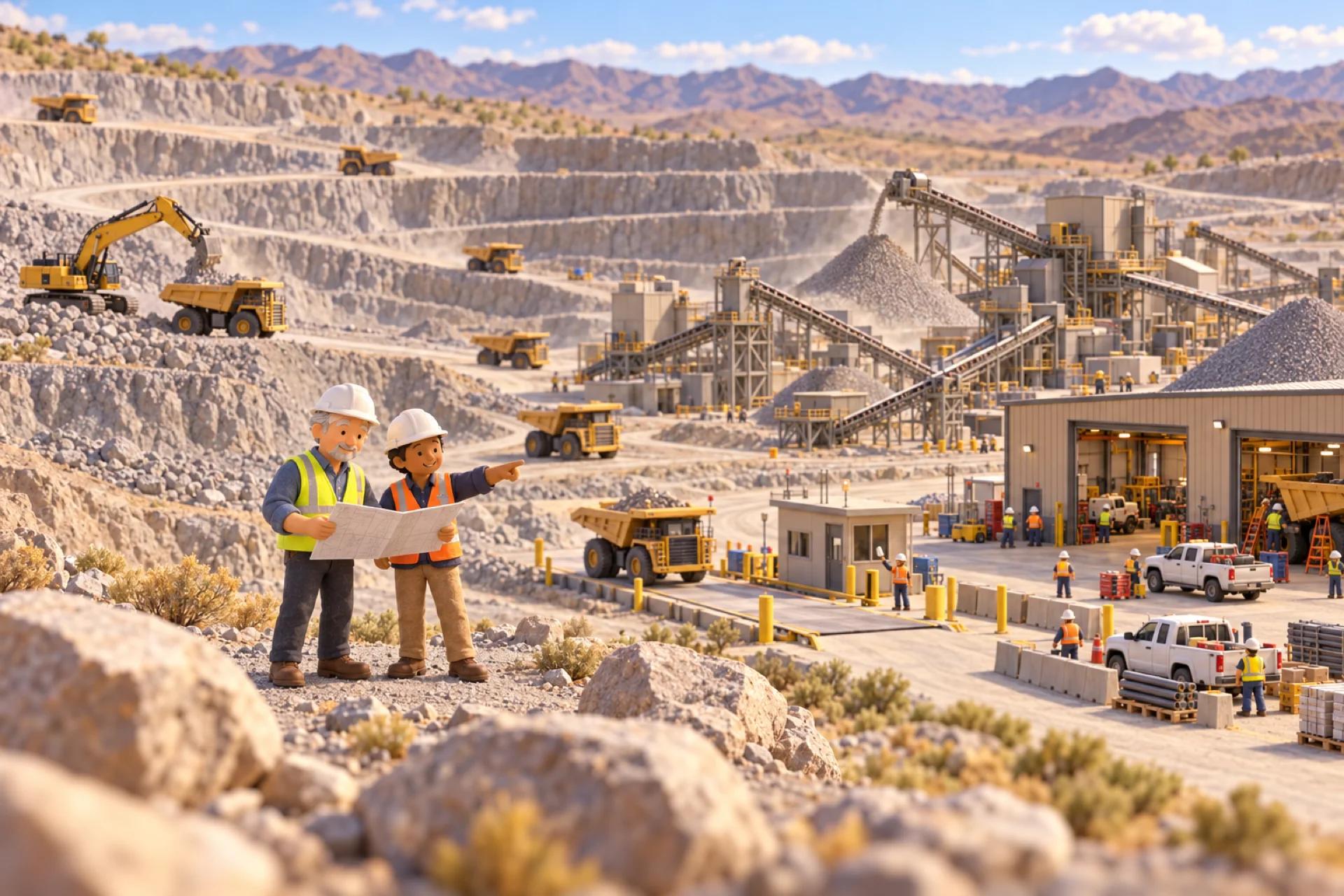 A clay model of an aggregate quarry and mine in Nevada, with the owner looking over the operation.