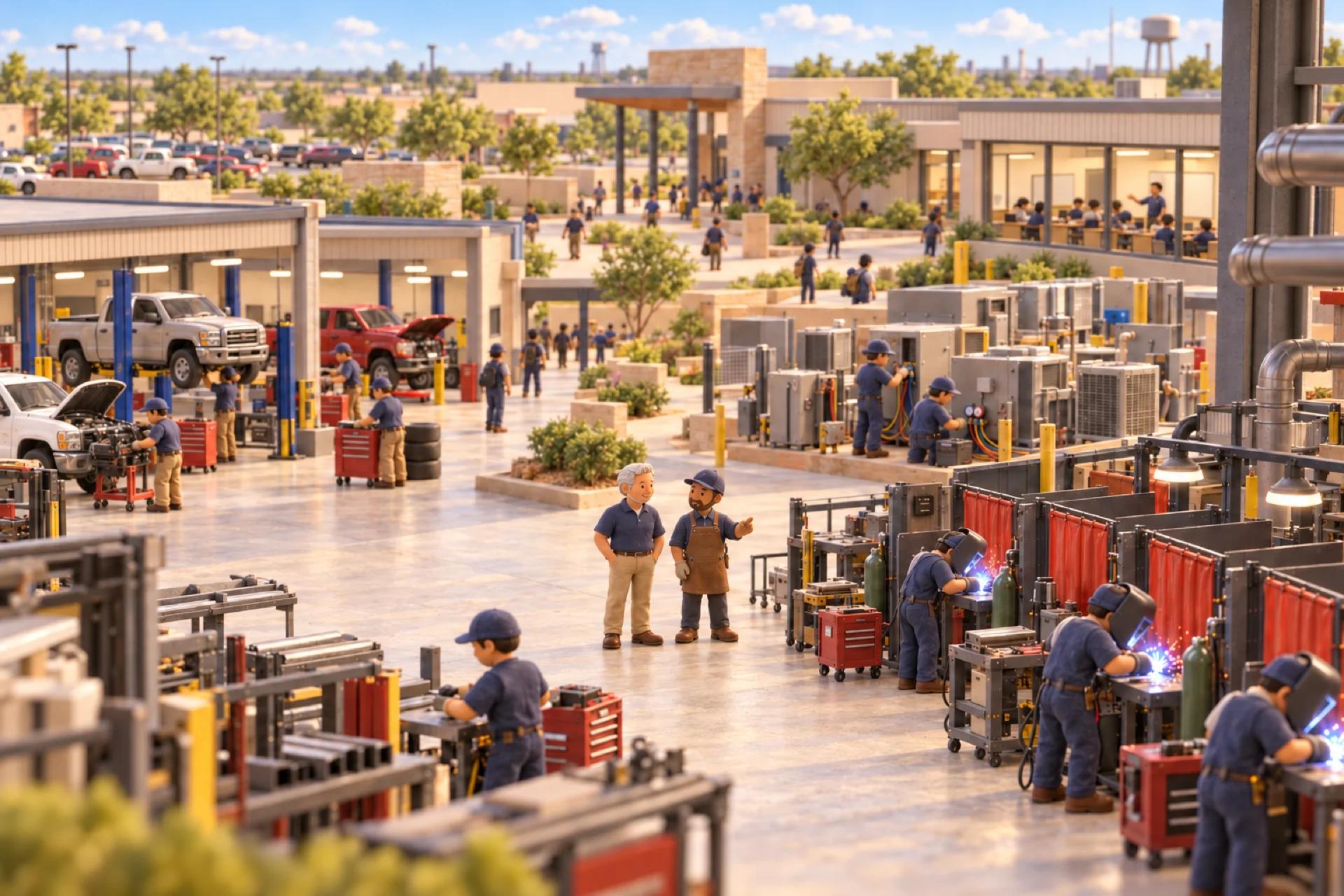 A clay model of a trade school campus in Texas, with the owner looking over the operation.