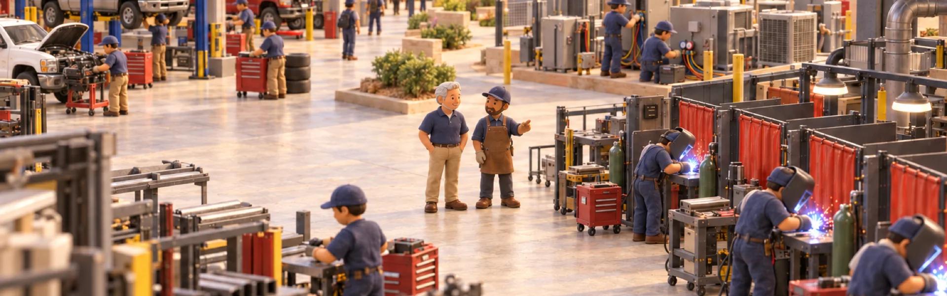 A clay model of a trade school campus in Texas, with the owner looking over the operation.