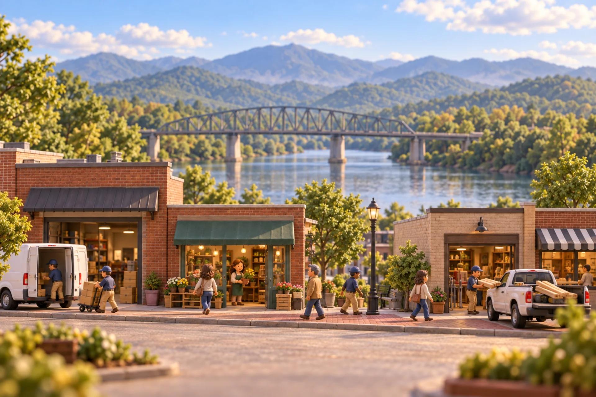 A clay model of Tennessee: a brick street with a river, a bridge and the Smoky Mountains behind, with a small strip of working businesses in front.