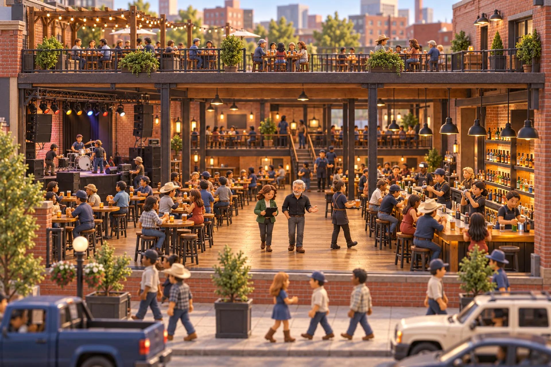A clay model of a large downtown Nashville bar in a brick building, seen as a cutaway with the front wall removed, with the owner looking over the operation.