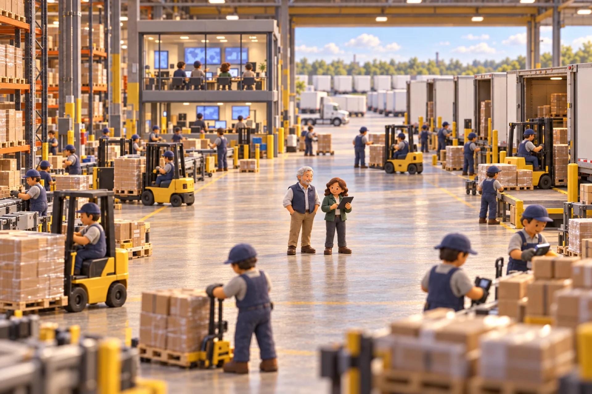 A clay model of a third-party logistics company's distribution center in Memphis, with the owner looking over the operation.