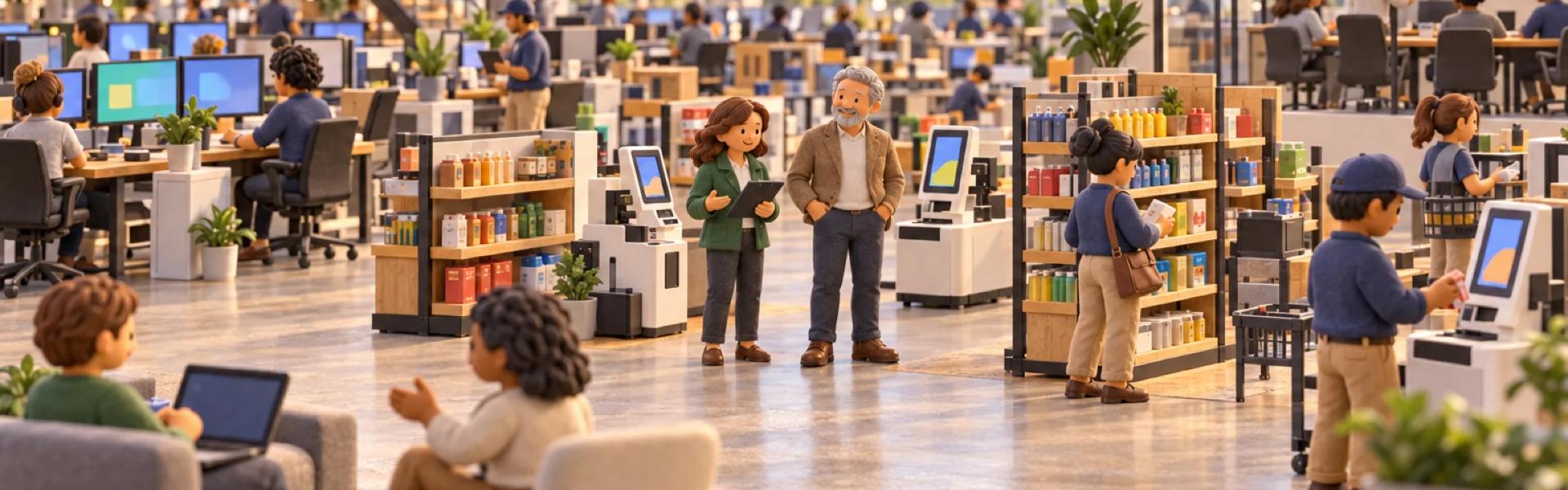 A clay model of a retail technology company in an Atlanta office, with the owner looking over the operation.