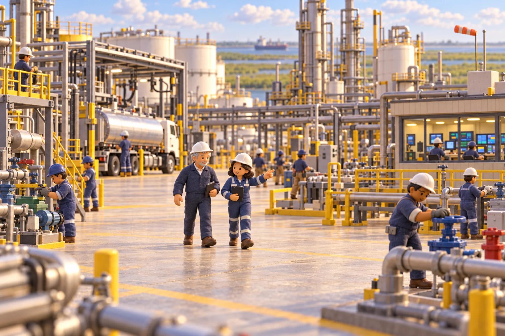 A clay model of a specialty chemical plant on the Gulf Coast, with the owner looking over the operation.
