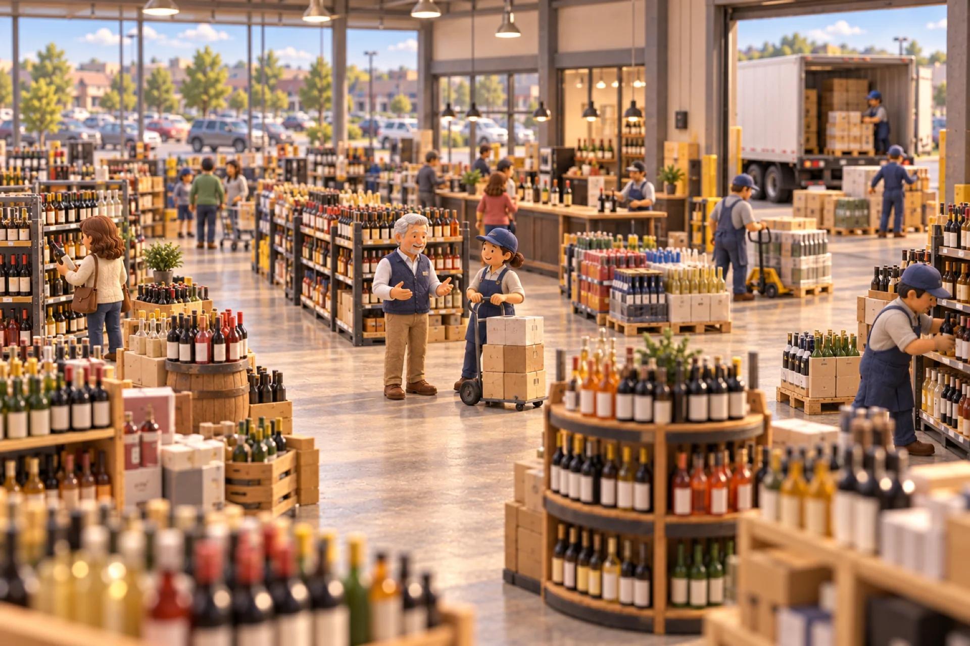 A clay model of a big beverage and liquor store in suburban New Jersey, cutaway, with the owner looking over the operation.