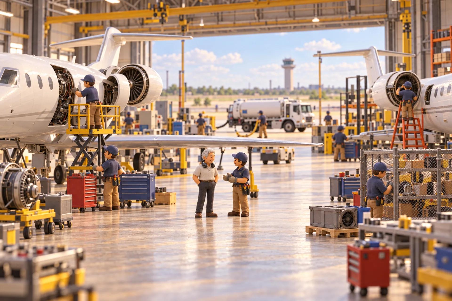 A clay model of an aviation maintenance hangar at a Texas regional airport, with the owner looking over the operation.