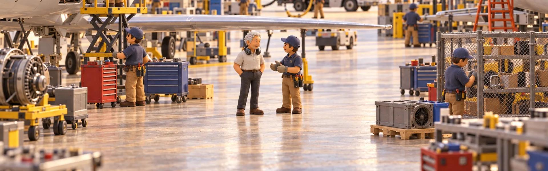 A clay model of an aviation maintenance hangar at a Texas regional airport, with the owner looking over the operation.