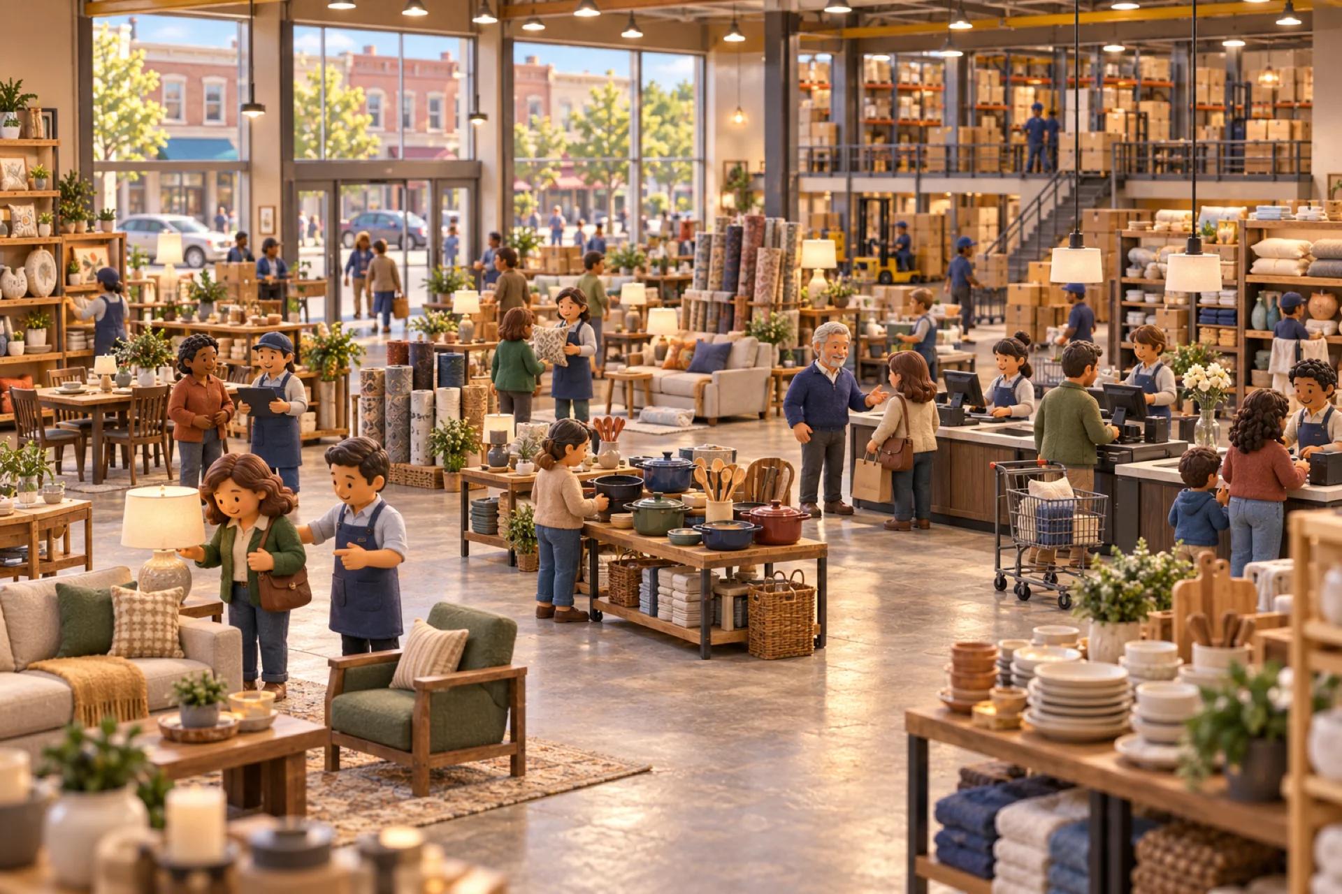 A clay model of a large independent home goods store on a Main Street in Ohio, cutaway, with the owner looking over the operation.