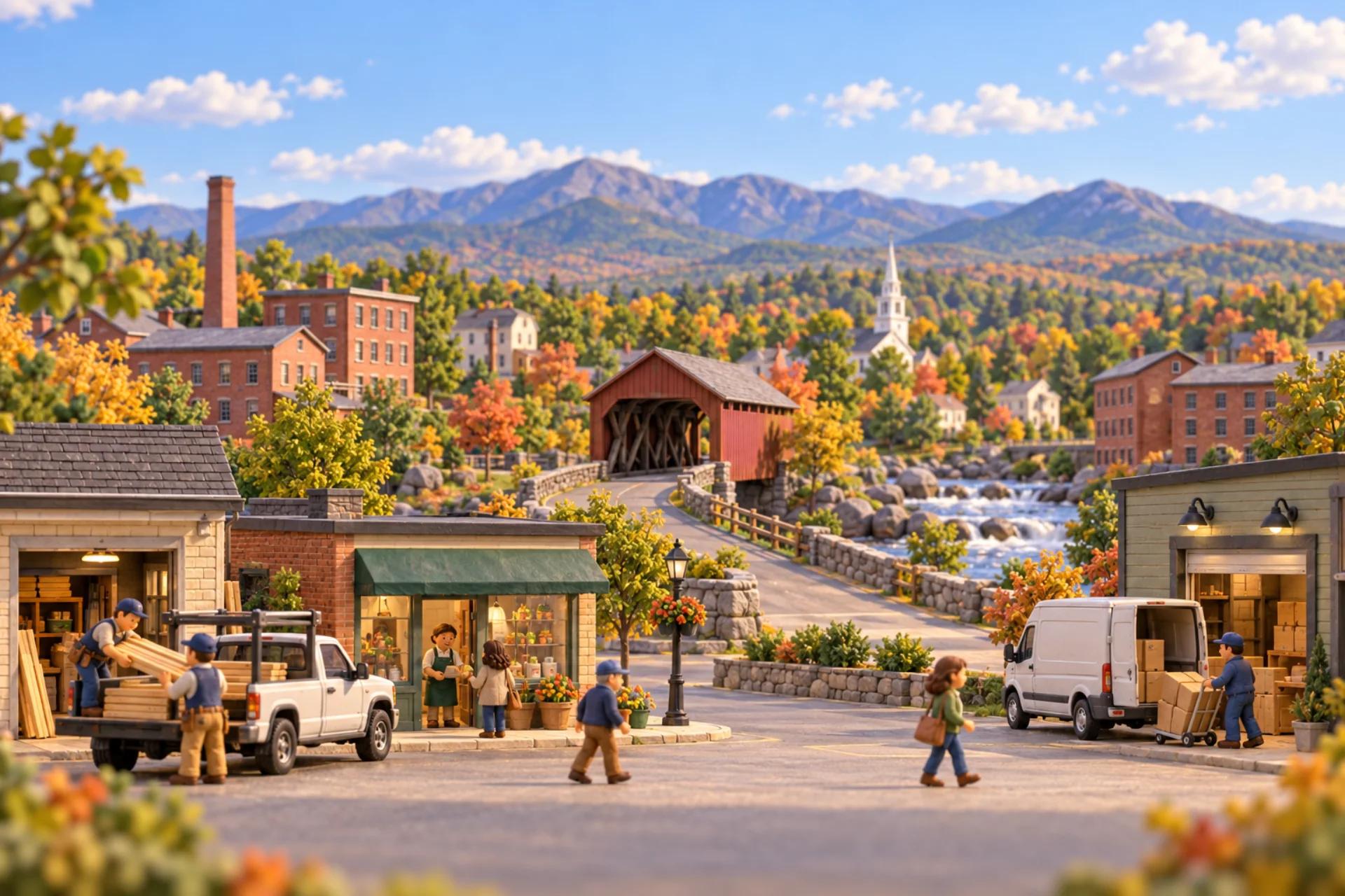 A clay model of New Hampshire: a mill-town street with a covered bridge and the White Mountains behind, with a small strip of working businesses in front.