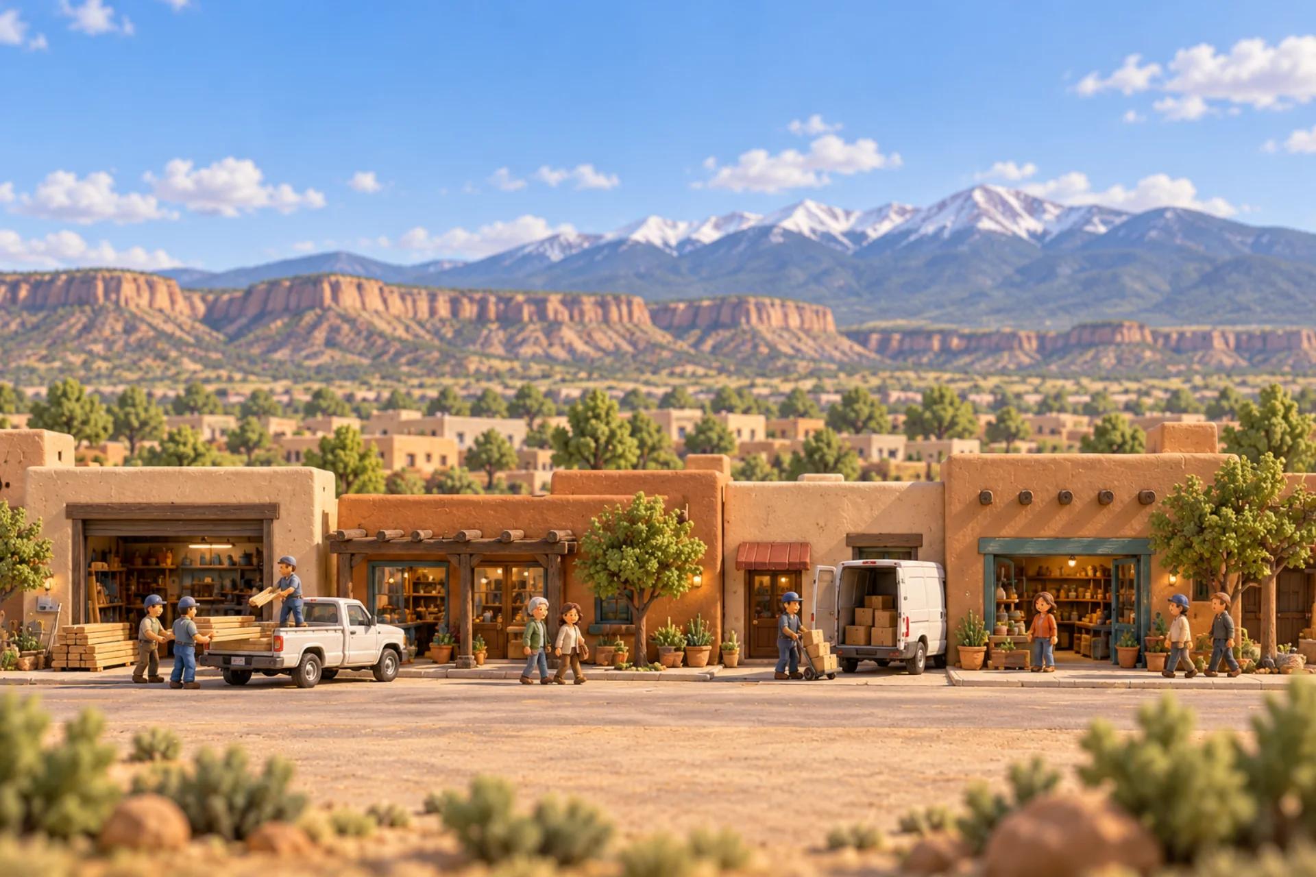 A clay model of New Mexico: an adobe street with desert mesas and the Sangre de Cristo mountains behind, with a small strip of working businesses in front.