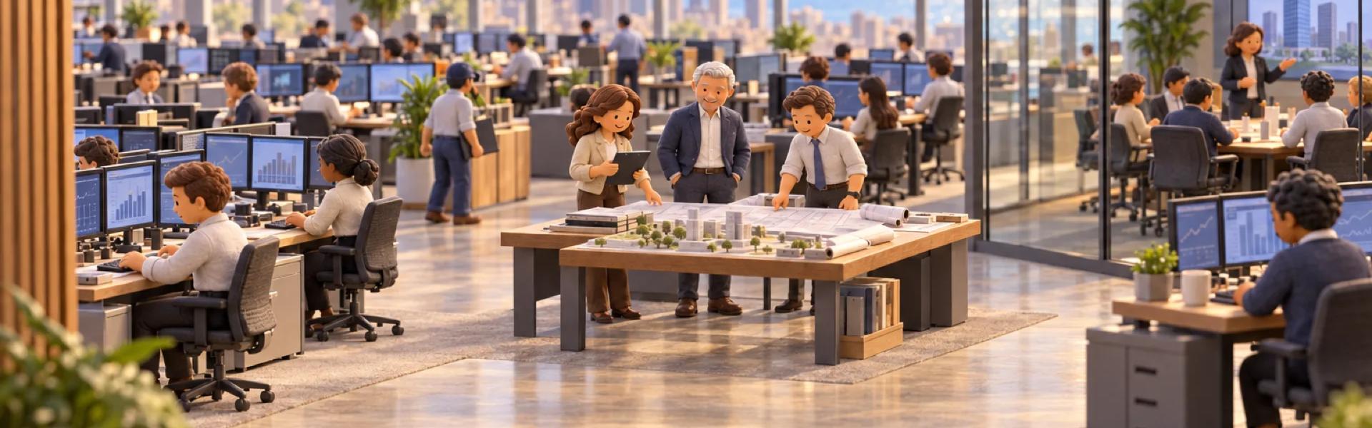A clay model of a commercial real estate finance firm in a Chicago tower, with the owner looking over the operation.