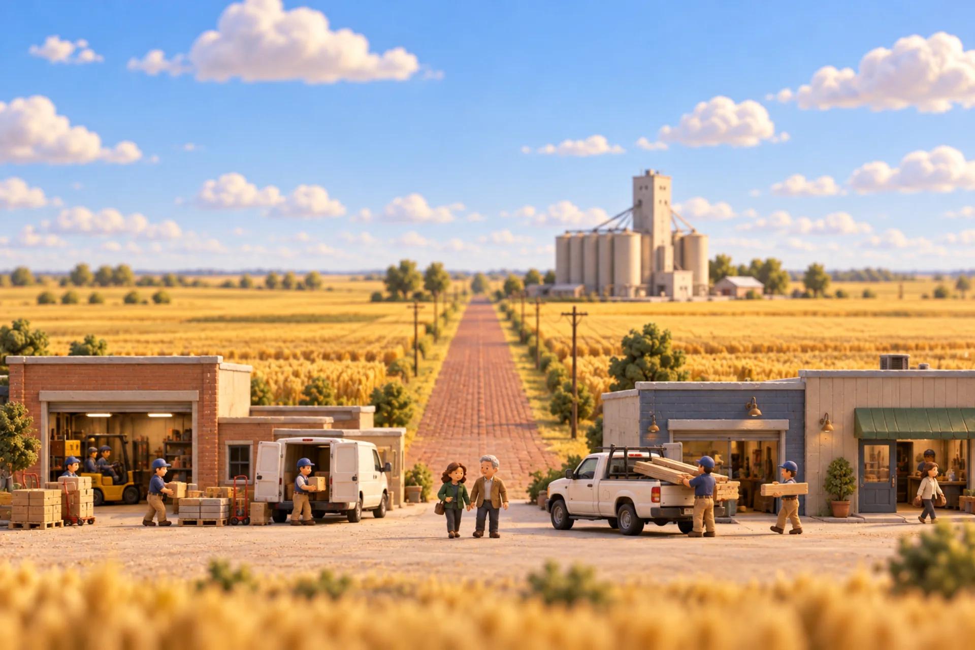 A clay model of Kansas: a brick street with wheat fields, a grain elevator and a big sky behind, with a small strip of working businesses in front.