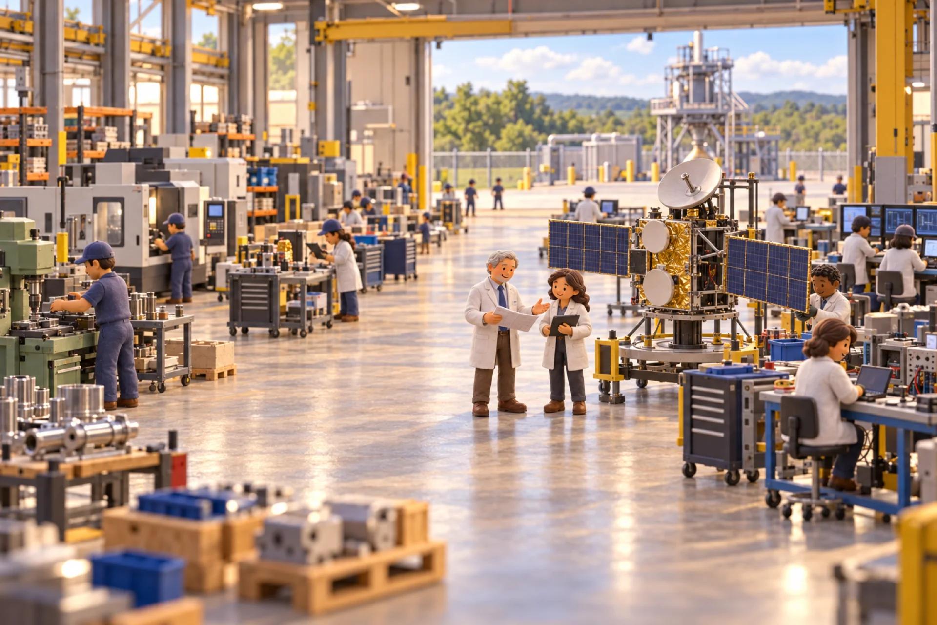 A clay model of a defense contractor's engineering and assembly facility in Huntsville, with the owner looking over the operation.