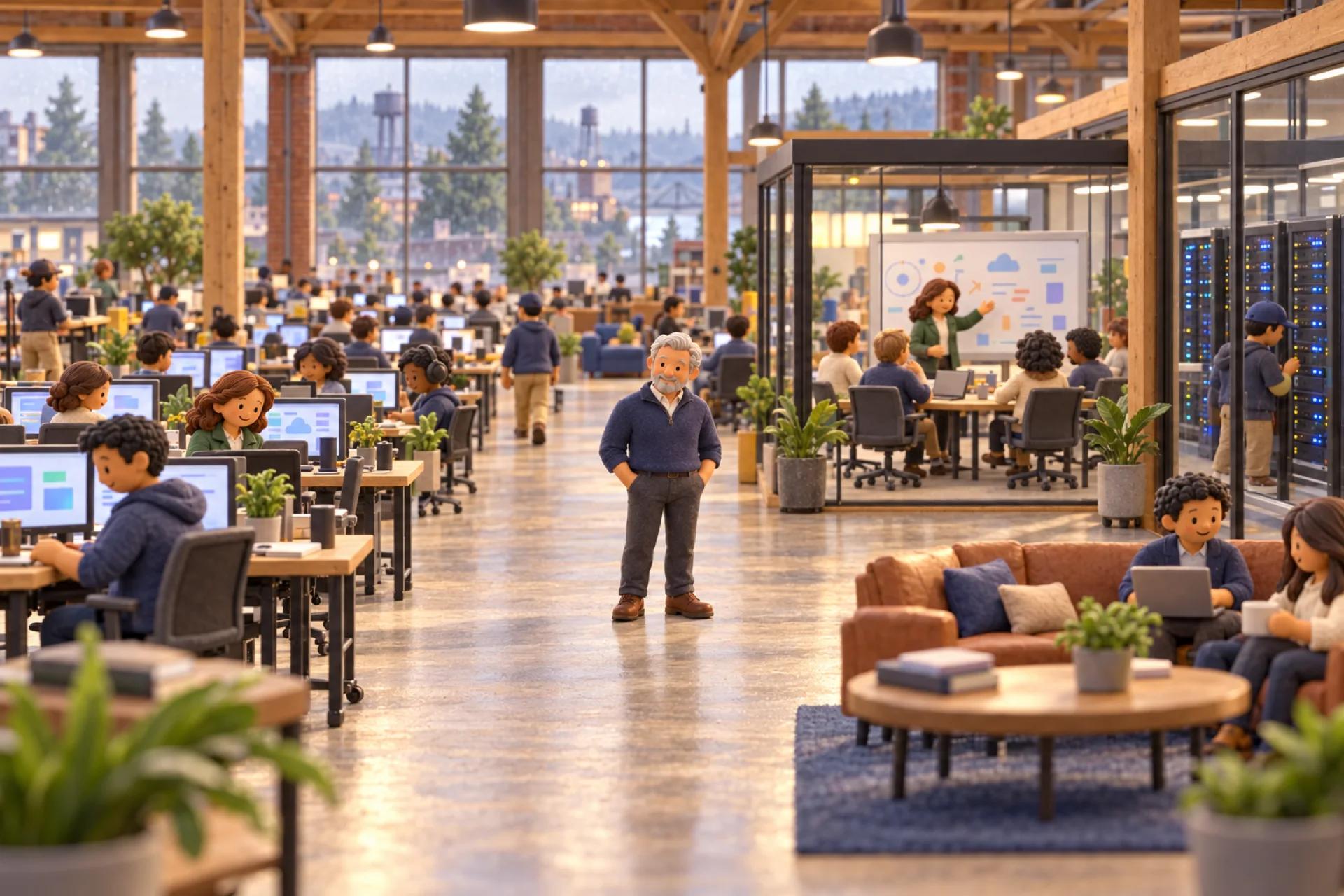 A clay model of a cloud software company in a converted brick warehouse in a Pacific Northwest city, with the owner looking over the operation.