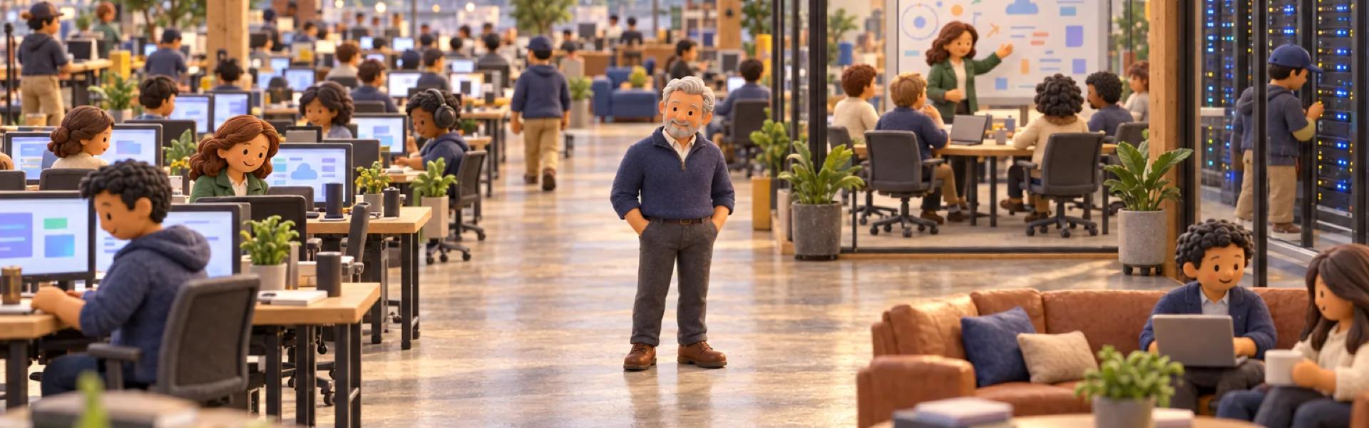 A clay model of a cloud software company in a converted brick warehouse in a Pacific Northwest city, with the owner looking over the operation.