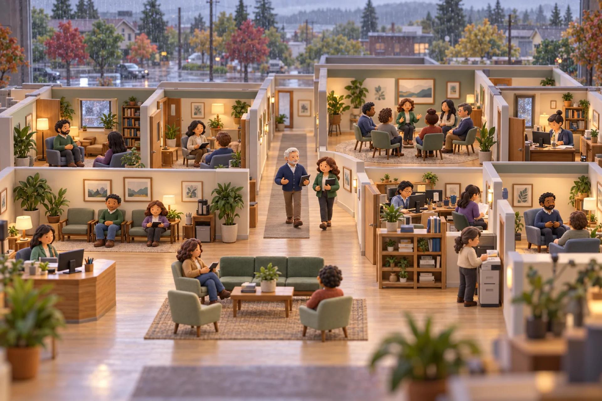 A clay model of a mental health practice in a Portland neighborhood, cutaway, with the owner looking over the operation.