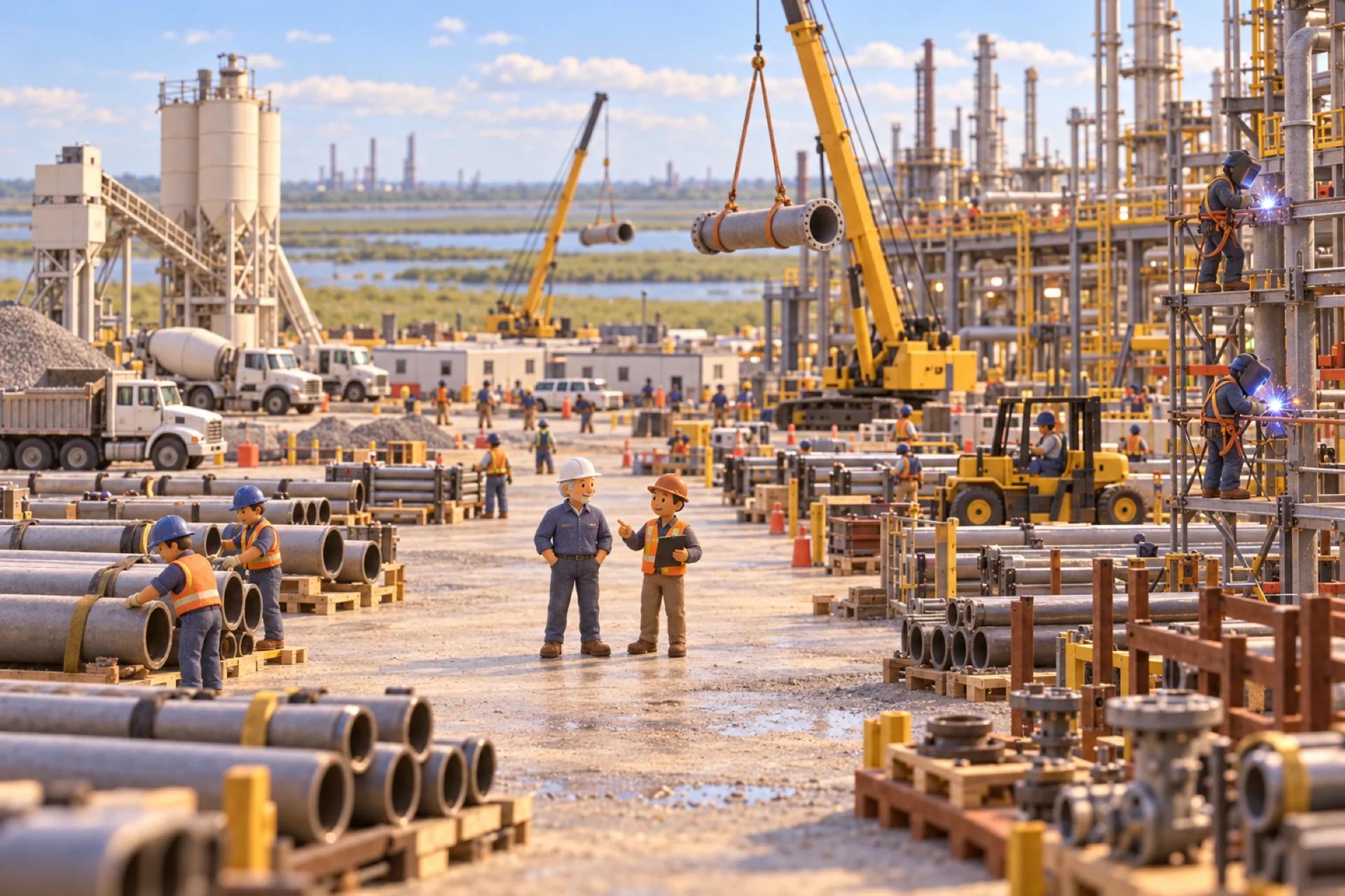 A clay model of a heavy industrial construction site in Louisiana, with the owner looking over the operation.