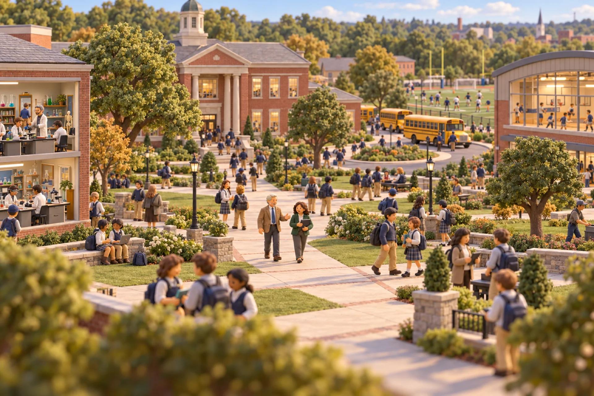 A clay model of a private high school campus in Virginia, with the owner looking over the operation.